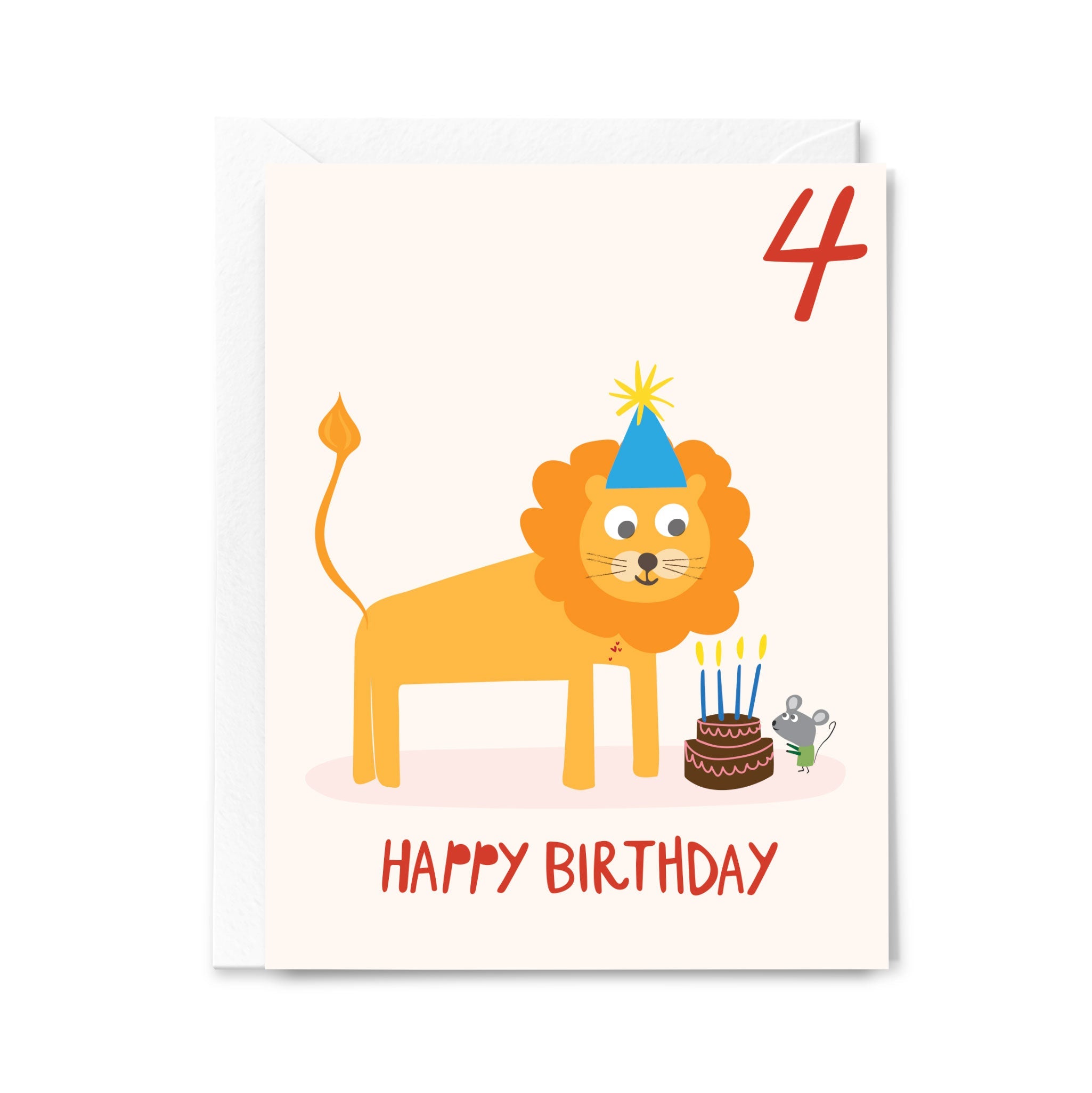 Birthday card with a lion wearing a party hat and birthday cake, number 4, and 'Happy Birthday' text on a white background.