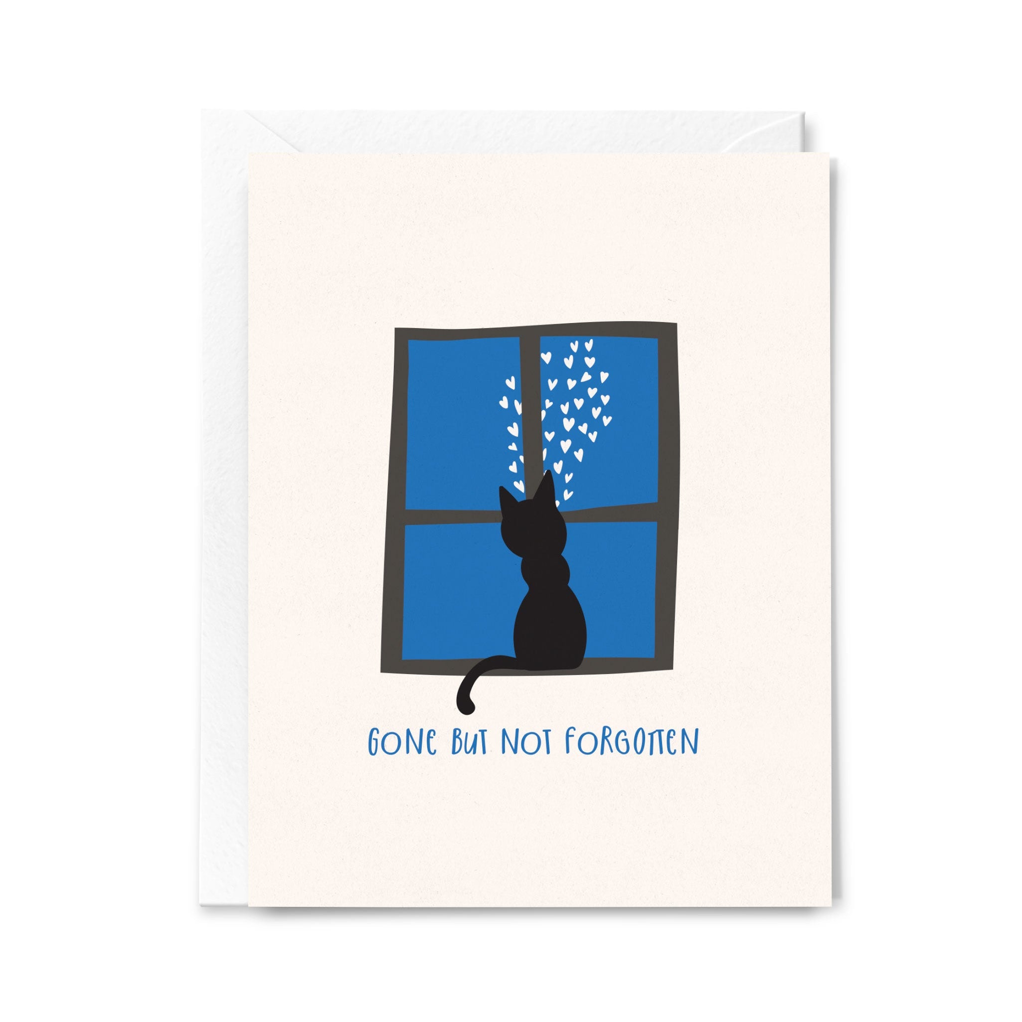 Card with a black cat silhouette looking out a blue window, saying "Gone but not forgotten"