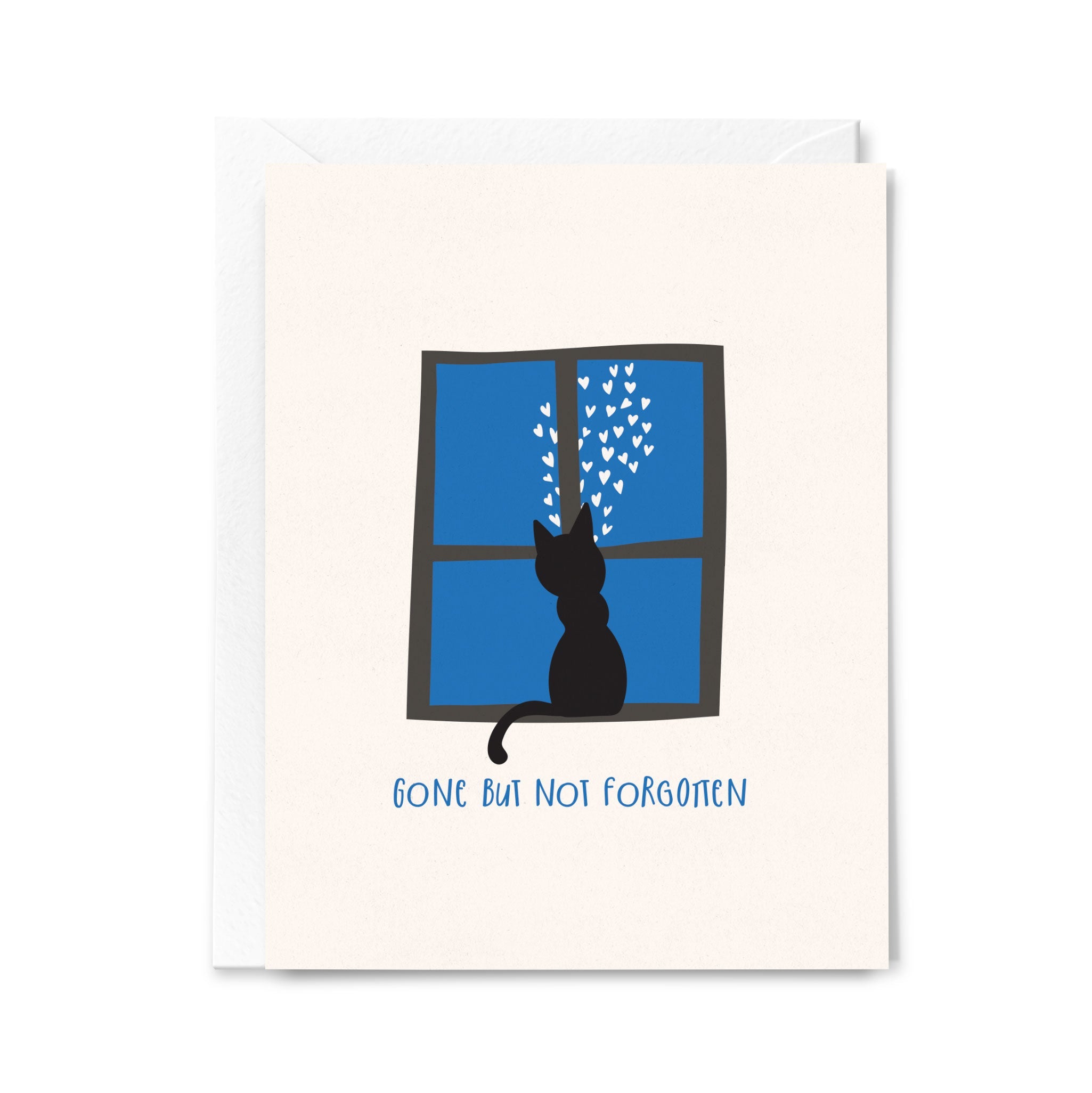Card with a black cat silhouette looking out a blue window, saying "Gone but not forgotten"