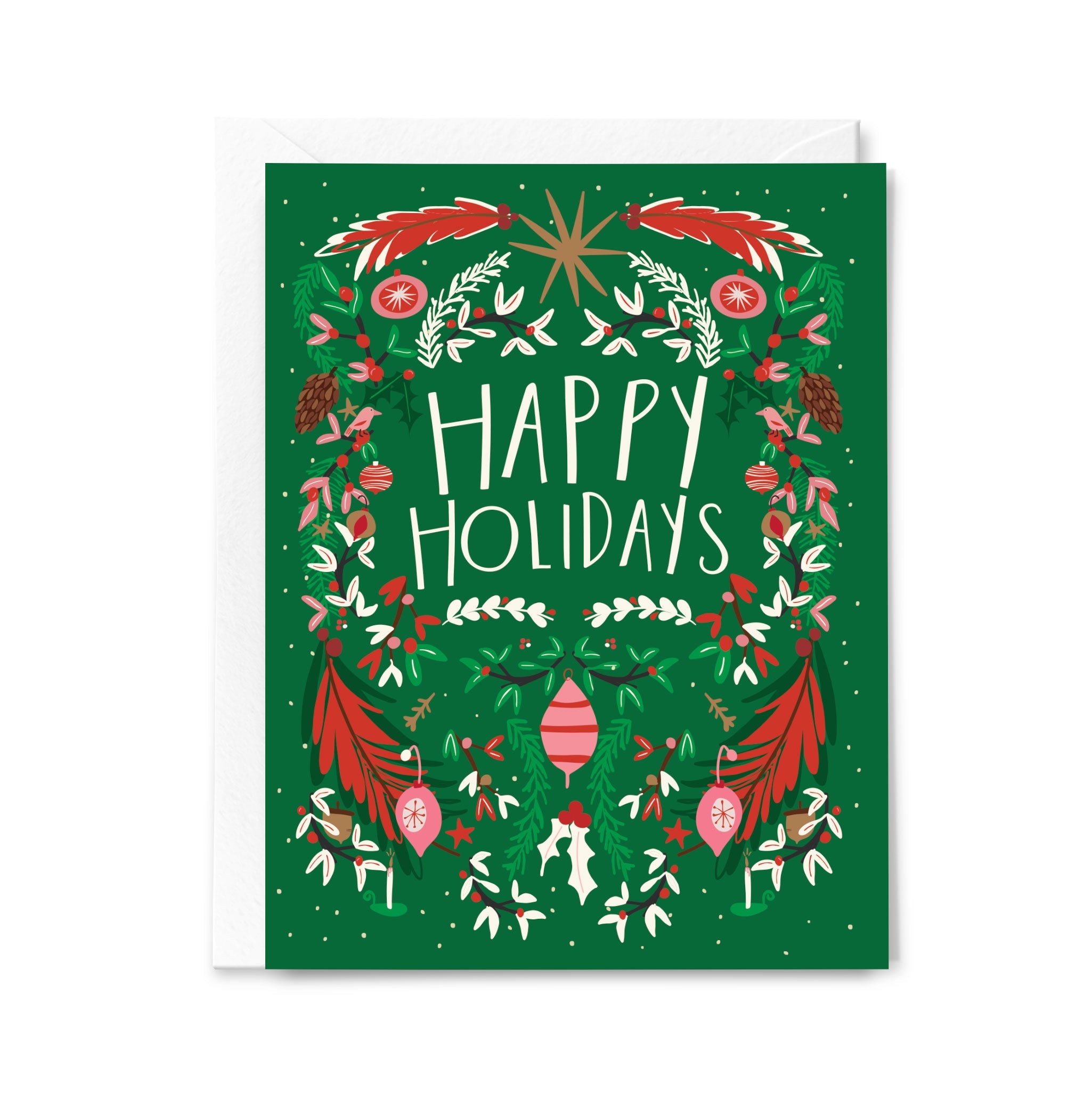 Christmas card with 'Happy Holidays' text and festive wreath design on a green background