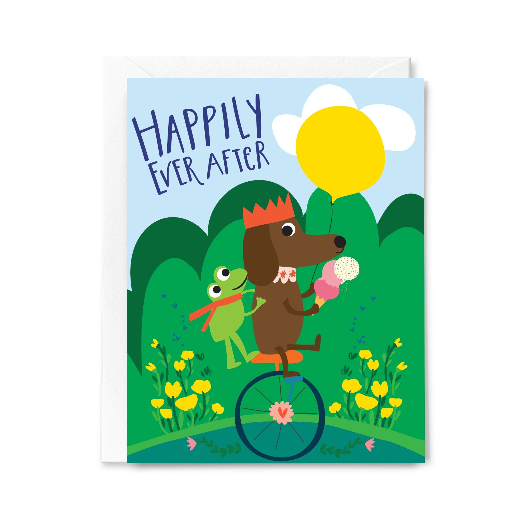 Greeting card with cartoon dog and frog on a bike, surrounded by flowers and trees, with 'Happily Ever After' text.