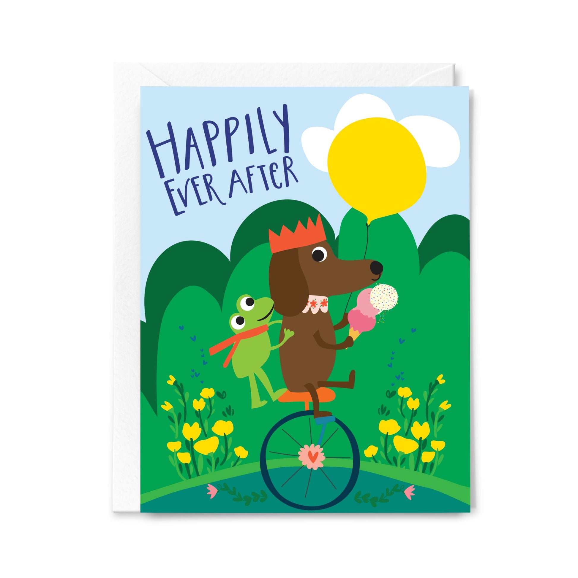 Greeting card with cartoon dog and frog on a bike, surrounded by flowers and trees, with 'Happily Ever After' text.