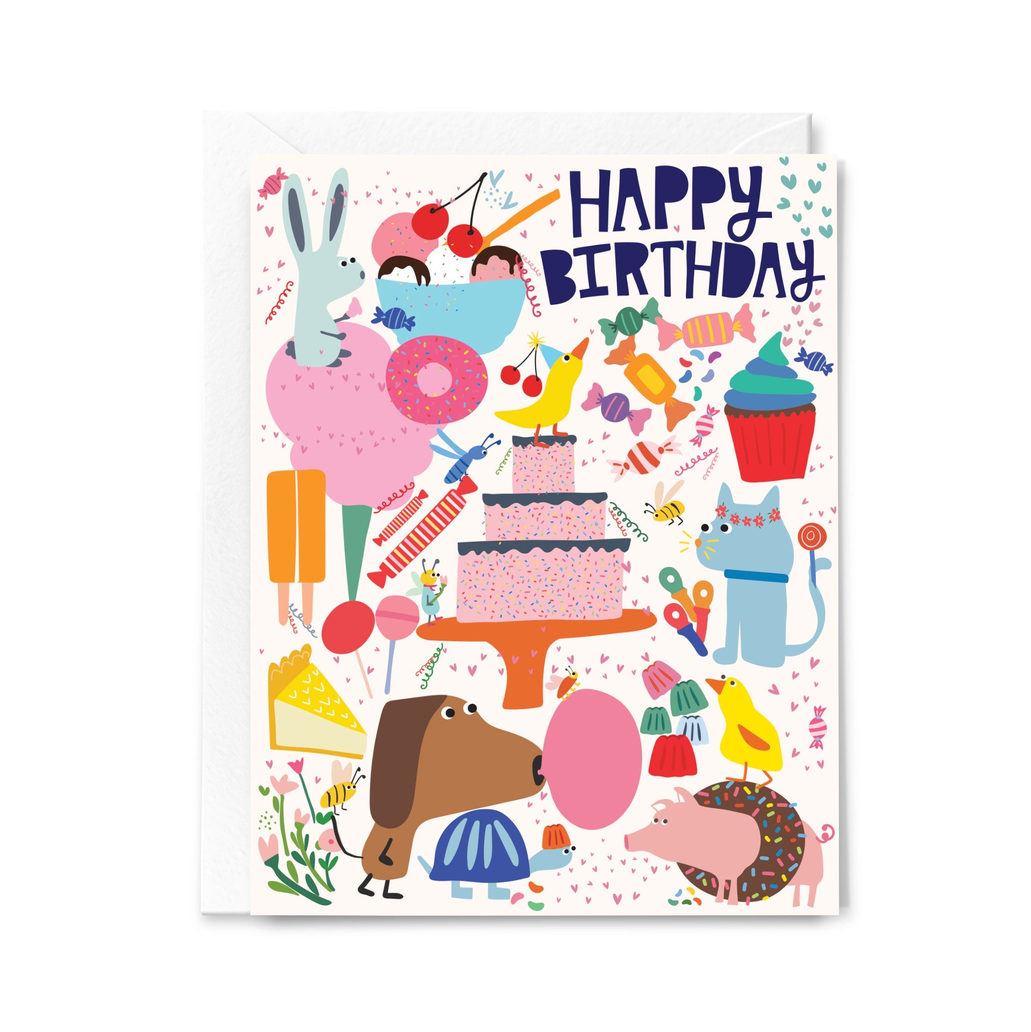 Colorful birthday card with illustrations of animals and birthday elements on a white background.