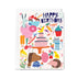 Colorful birthday card with illustrations of animals and birthday elements on a white background.