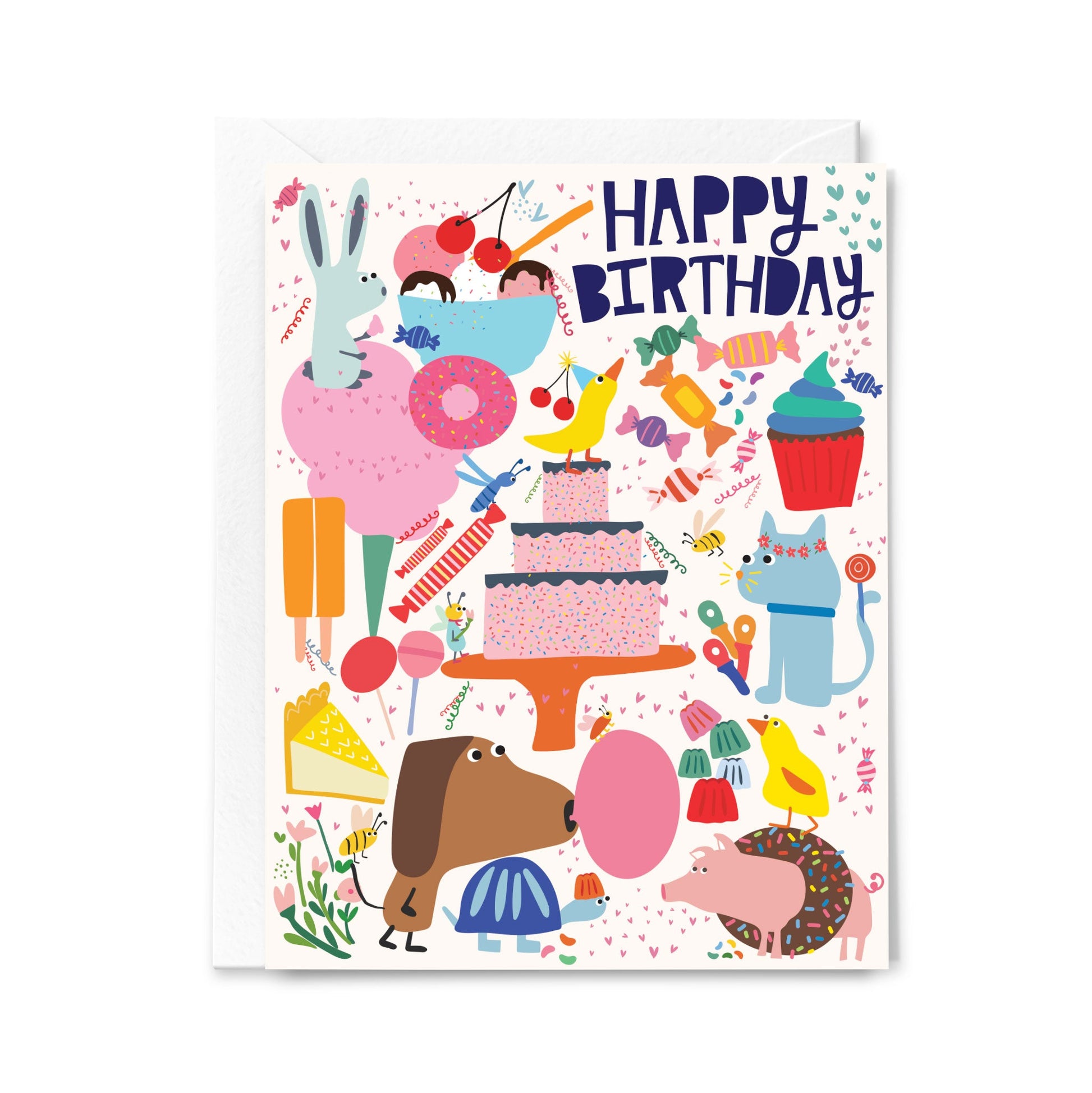 Colorful birthday card with illustrations of animals and birthday elements on a white background.