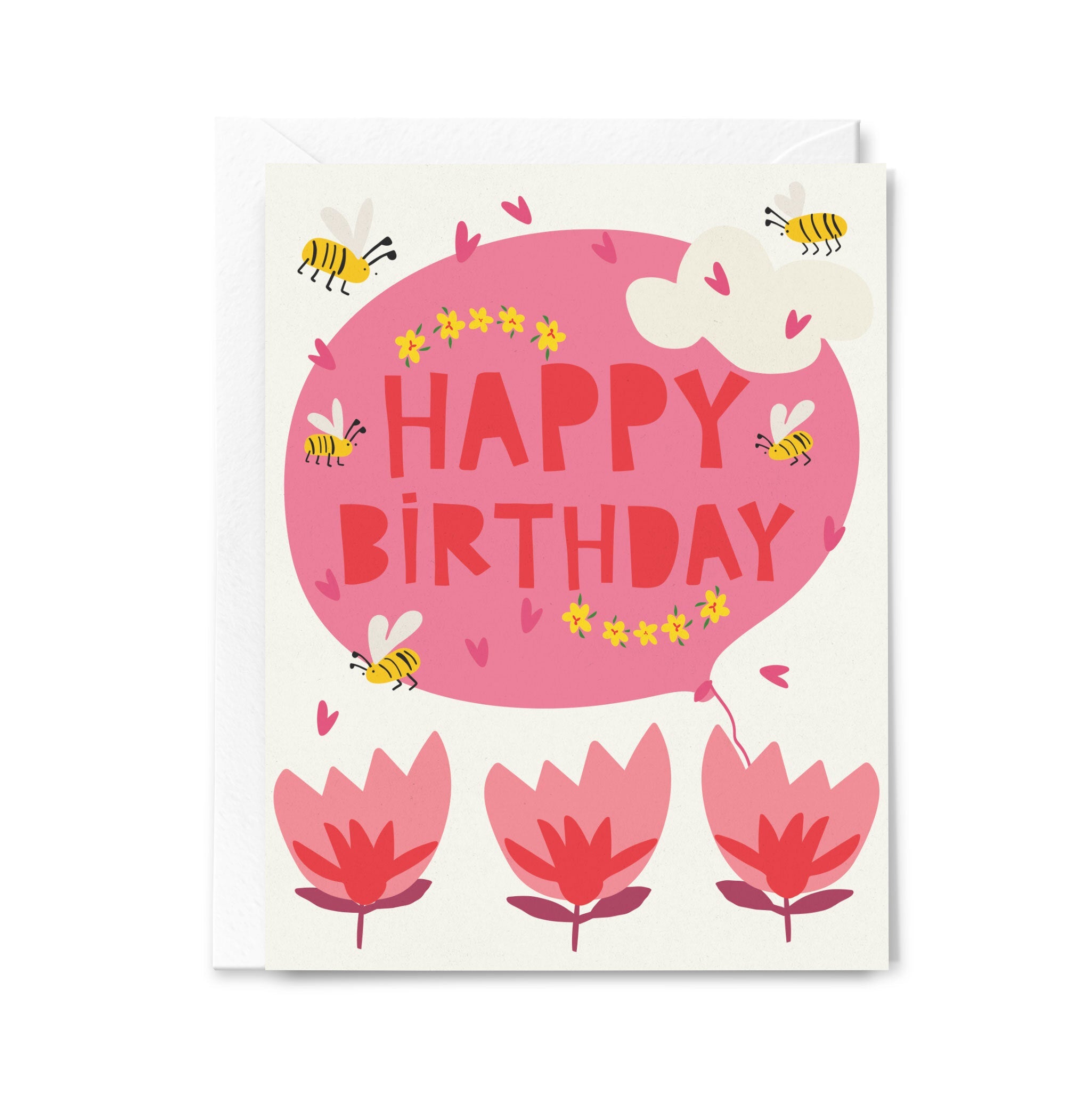 Birthday card with pink balloon, flowers, and bees on a white background