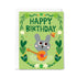 Birthday card with a cartoon rabbit playing a guitar on a green background
