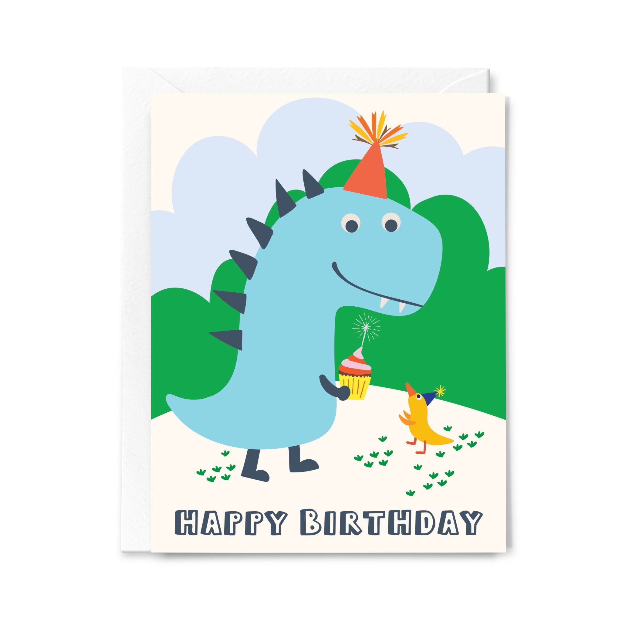 Birthday card with a dinosaur holding a cupcake and a small bird, set against a green landscape.