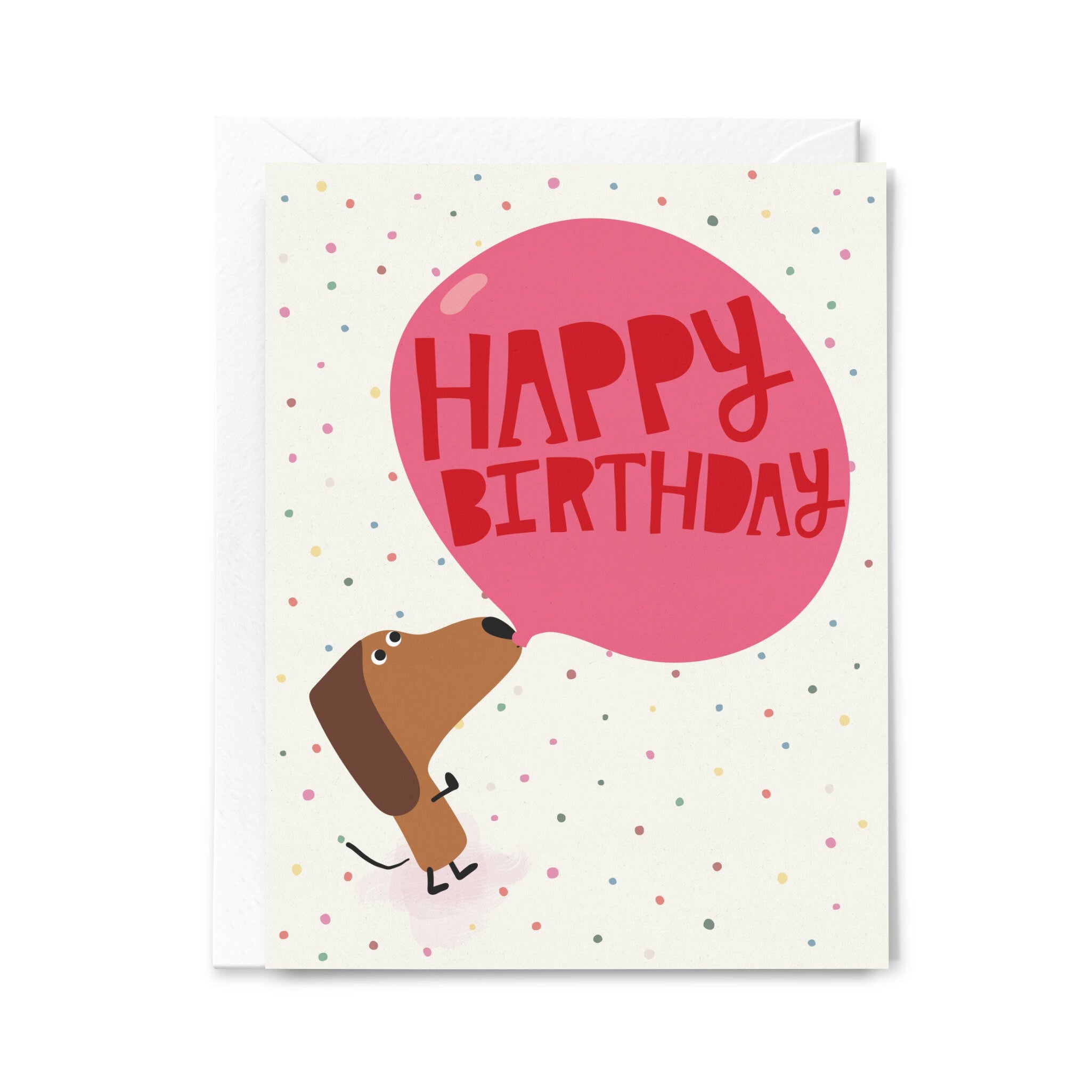 Birthday card with a dog illustration and 'Happy Birthday' text on a polka dot background