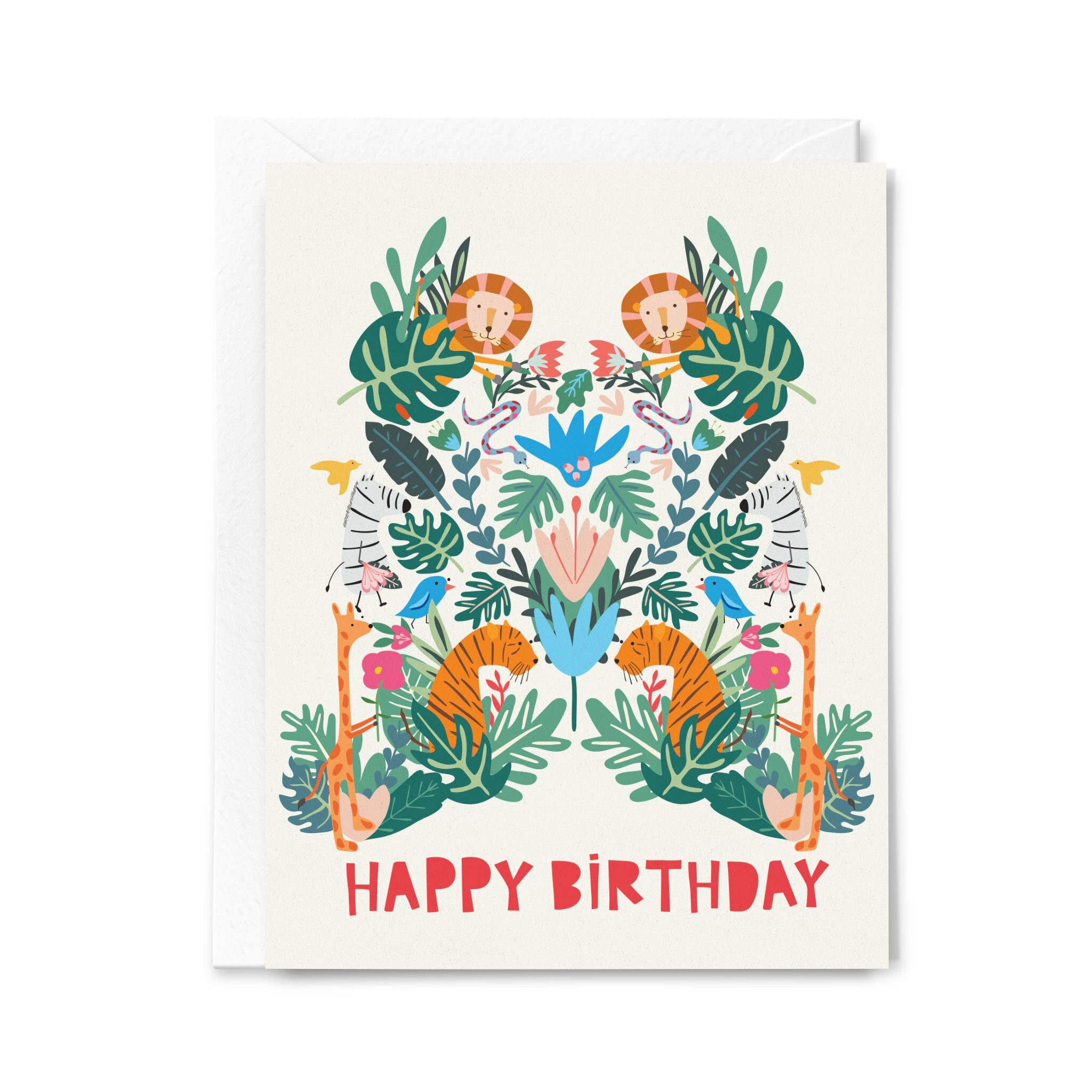 Birthday card with colorful animals and plants design on a white background