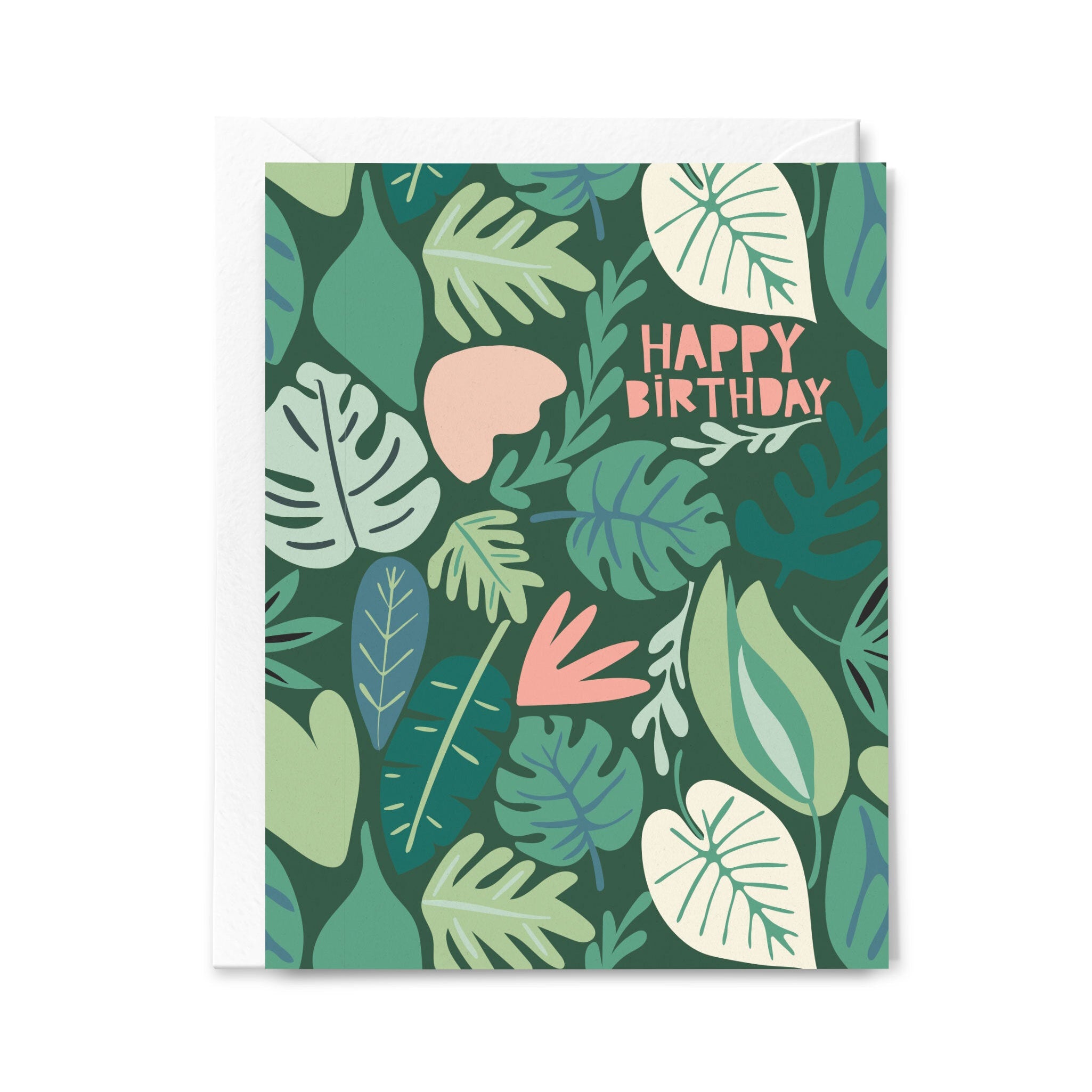 Greeting card with tropical leaf pattern and 'Happy Birthday' text on a dark green background