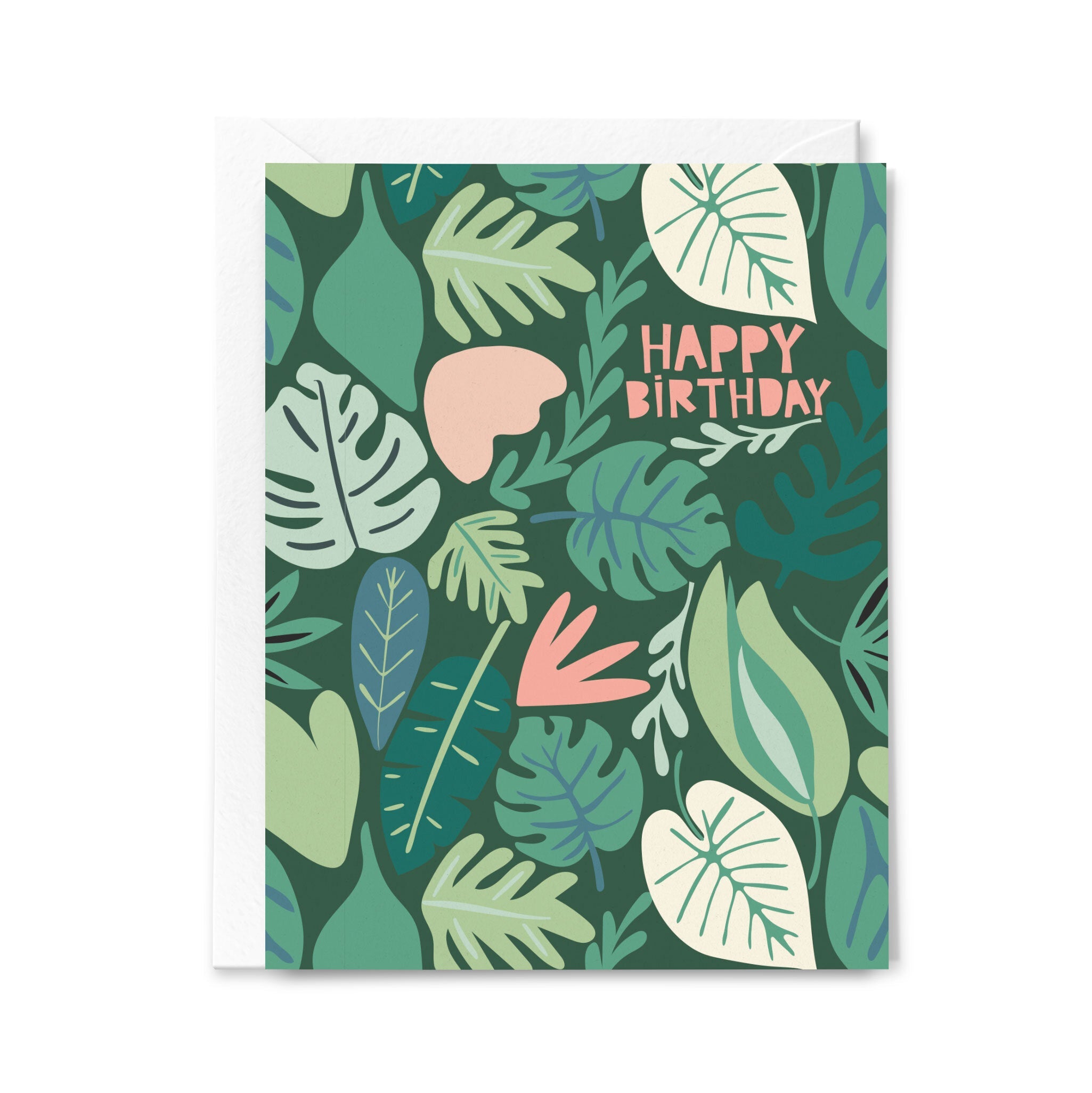 Greeting card with tropical leaf pattern and 'Happy Birthday' text on a dark green background