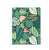Greeting card with tropical leaf pattern and 'Happy Birthday' text on a dark green background