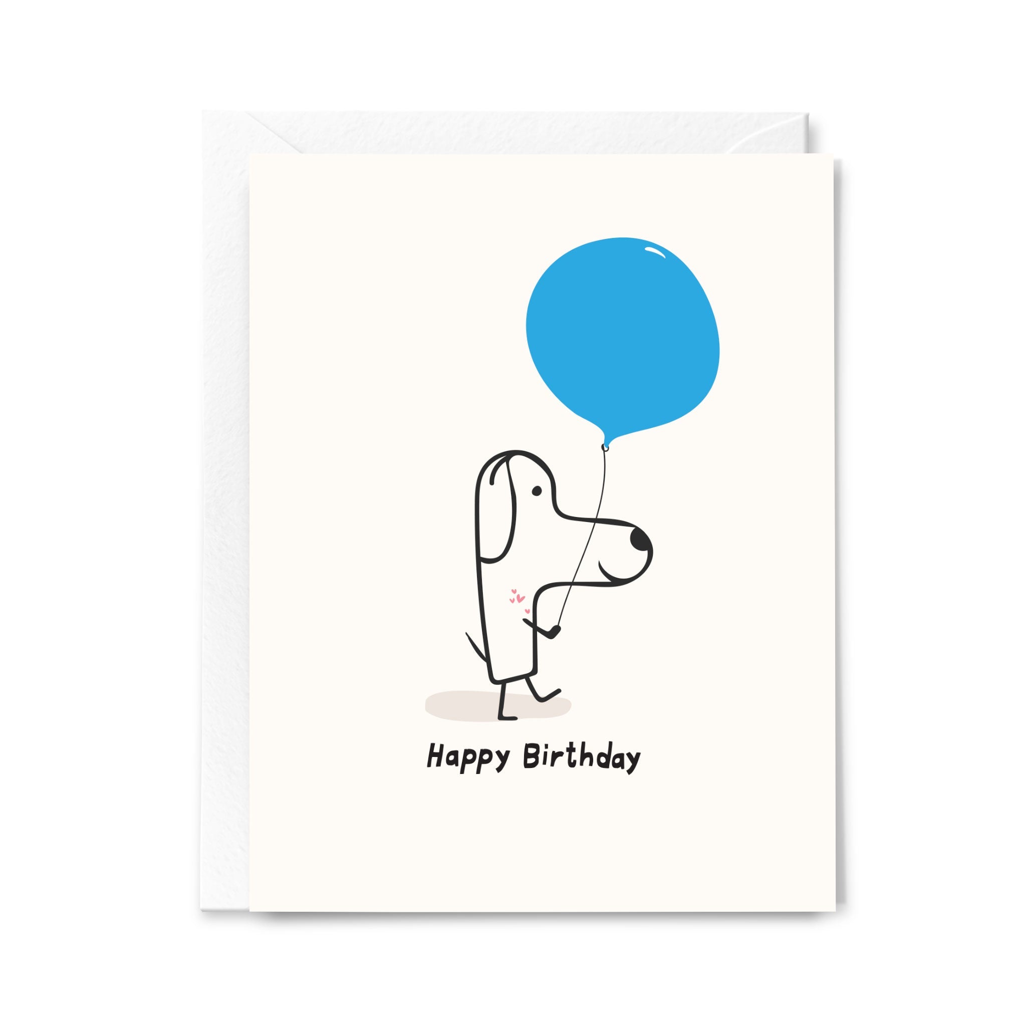 Greeting card with a dog holding a blue balloon and 'Happy Birthday' text on a white background
