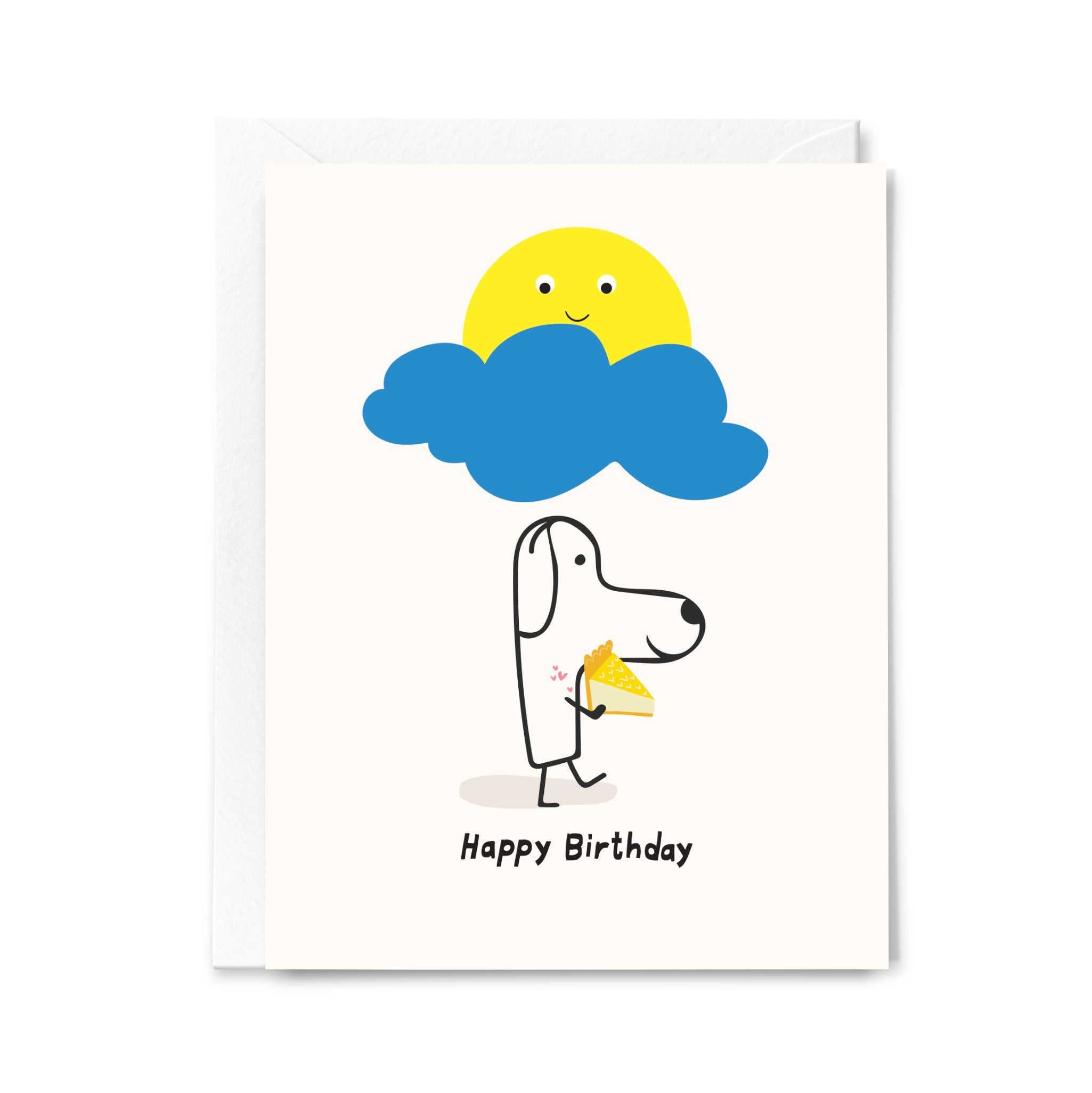 Birthday card with a dog, cloud, and sun illustration on a white background