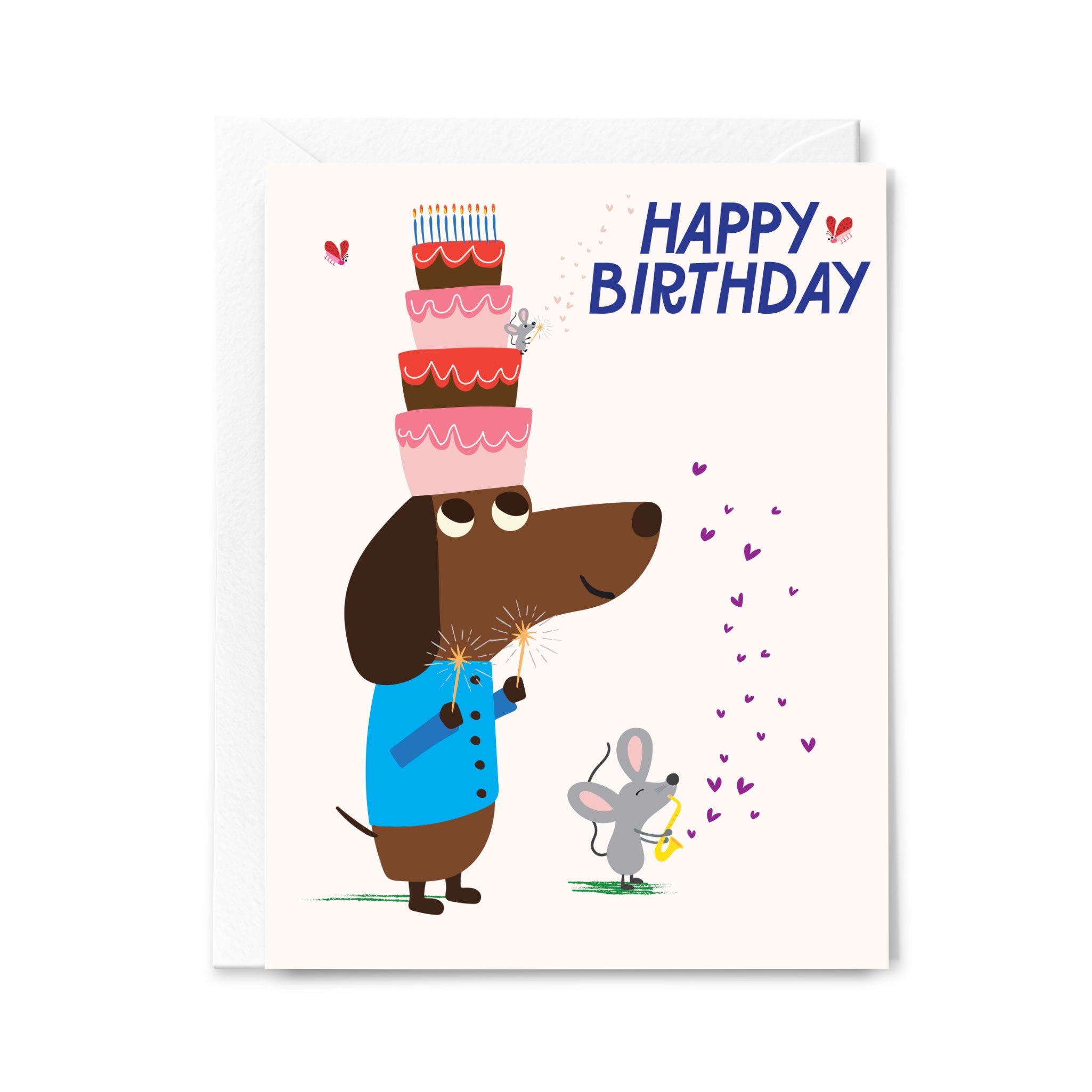 Birthday card with a dog and mouse holding birthday cakes and candles.