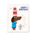 Birthday card with a dog and mouse holding birthday cakes and candles.