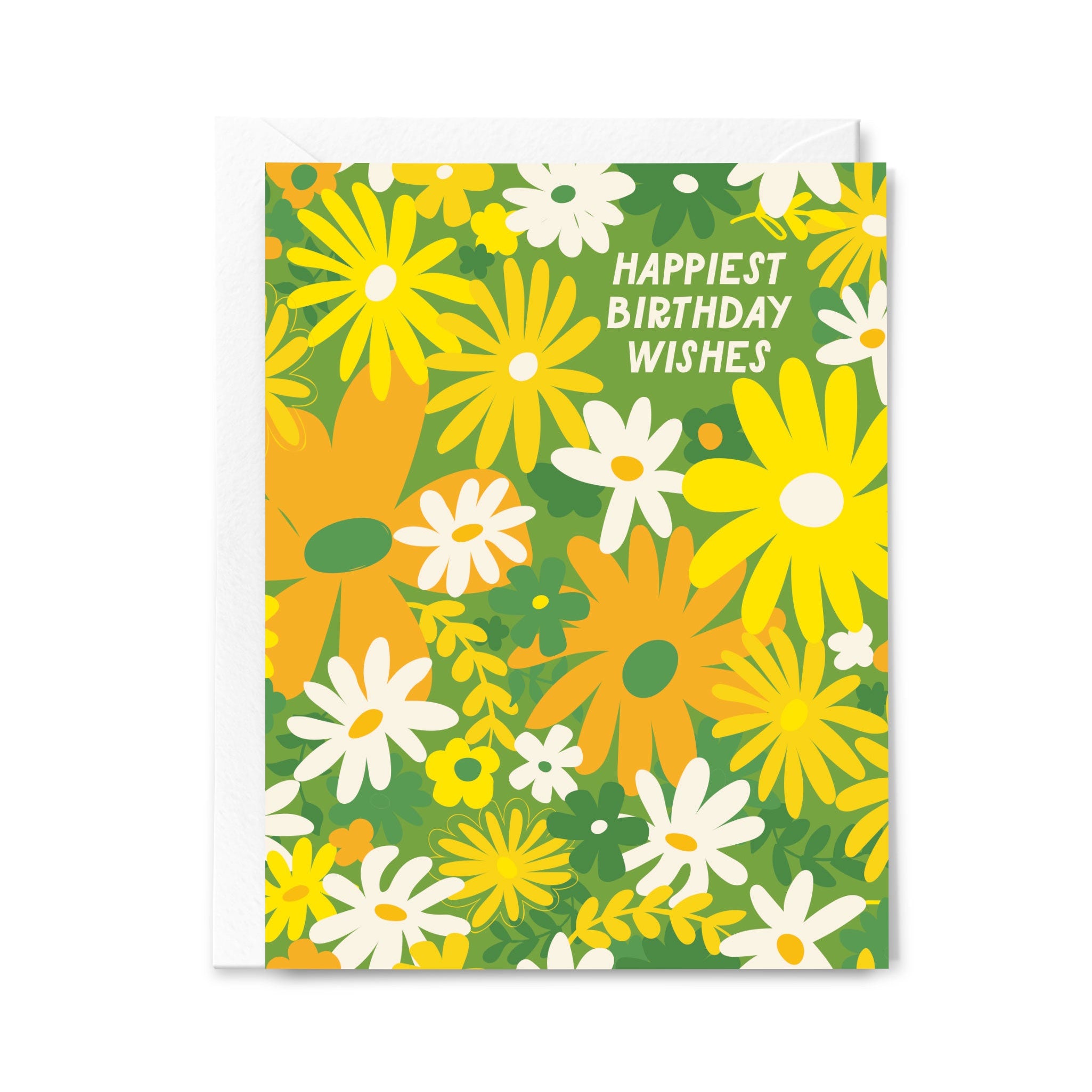 Floral birthday card with 'Happiest Birthday Wishes' text on a green background