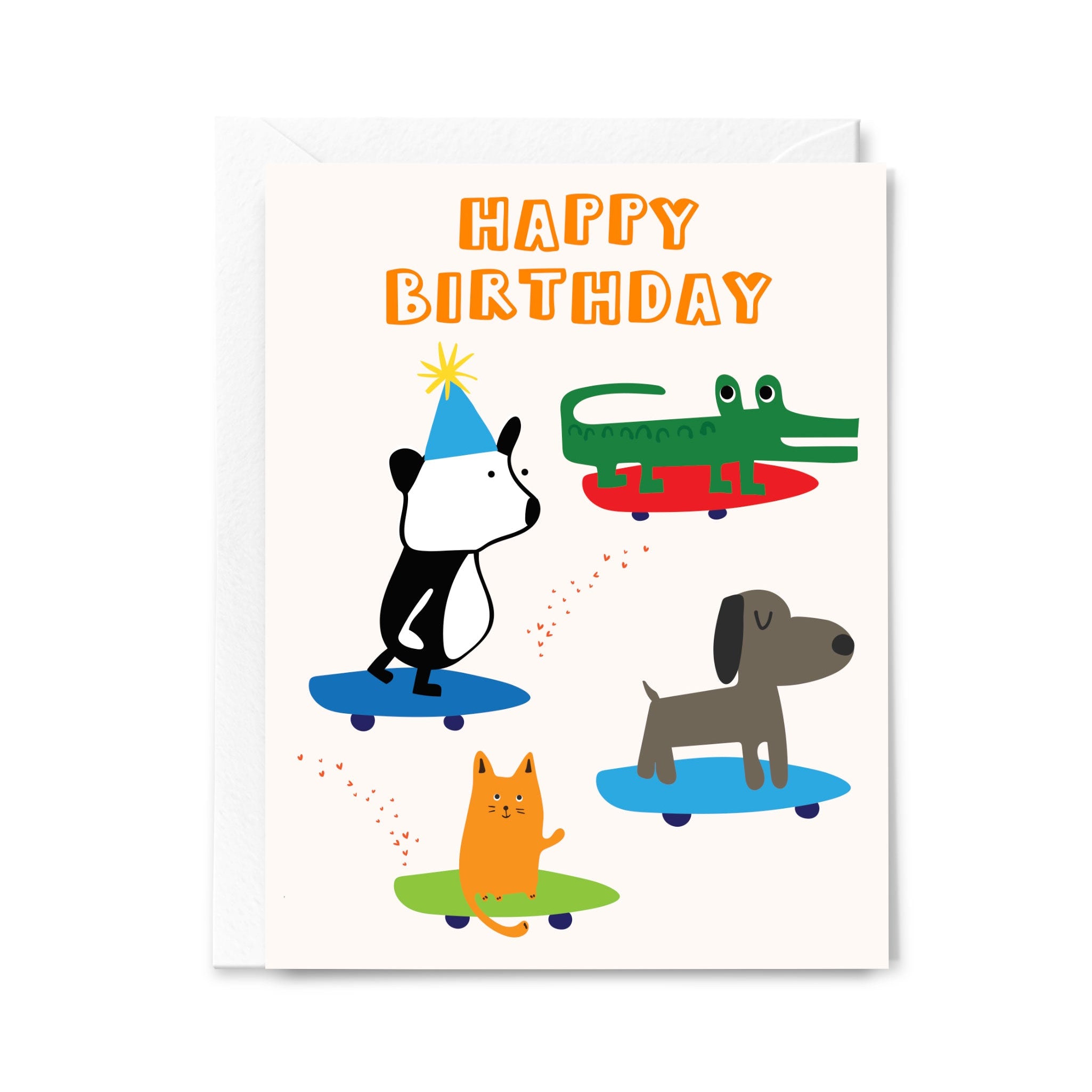 Birthday card with cartoon animals on skateboards and 'Happy Birthday' text.