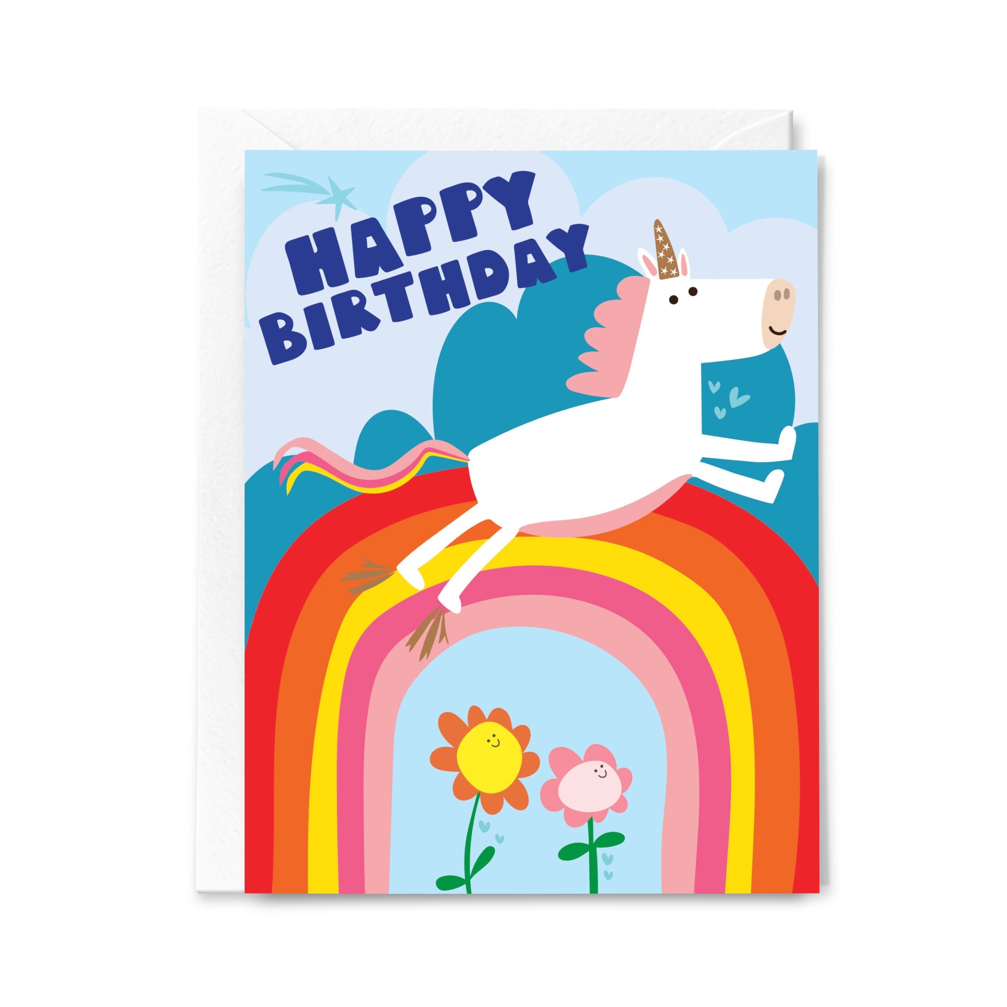 Birthday card with a unicorn on a rainbow, flowers, and 'Happy Birthday' text.