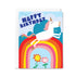 Birthday card with a unicorn on a rainbow, flowers, and 'Happy Birthday' text.