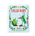 Greeting card with a green insect playing a violin and 'Hello Baby' text on a light blue background.
