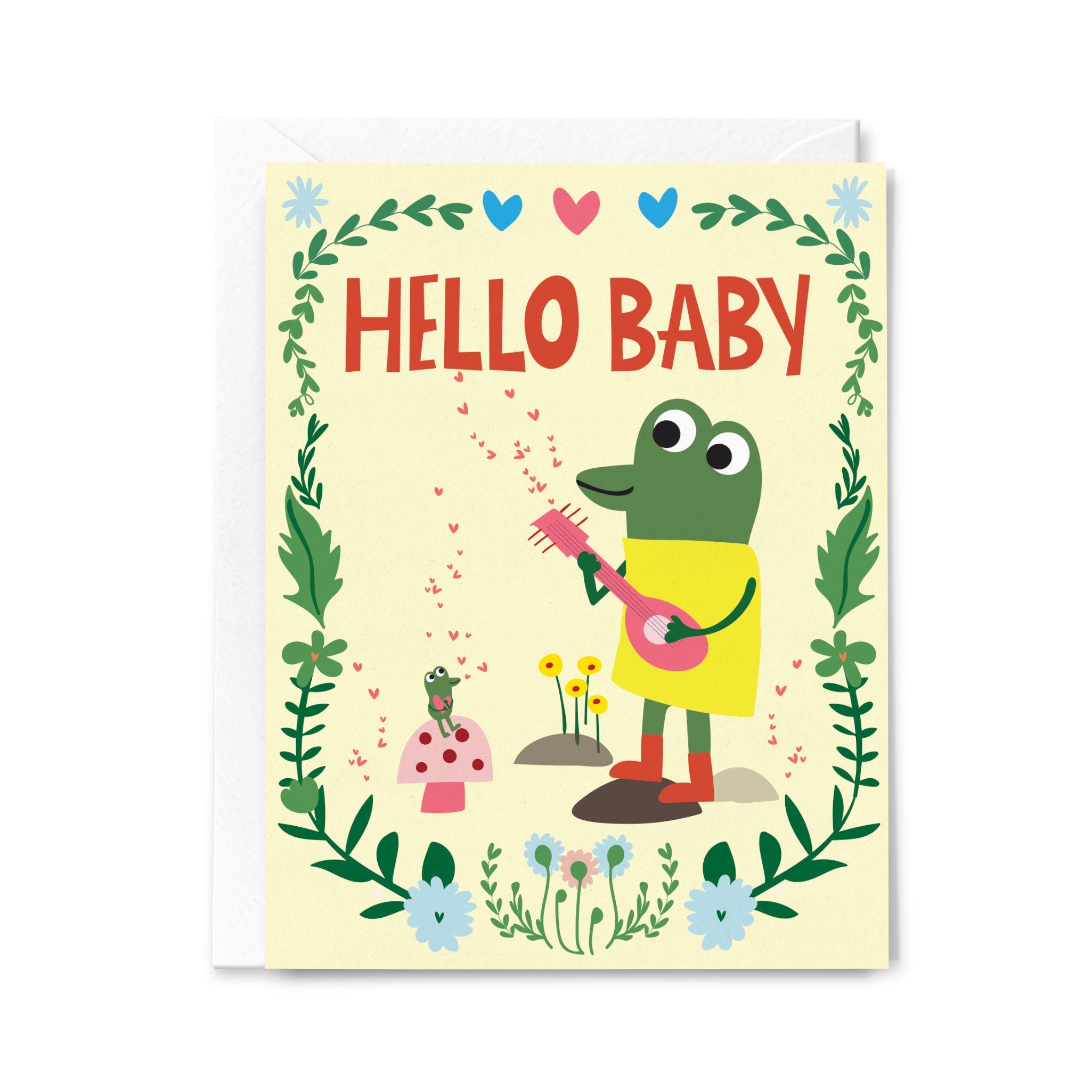 Greeting card with a frog playing a guitar and the text 'Hello Baby' on a yellow background.