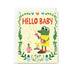 Greeting card with a frog playing a guitar and the text 'Hello Baby' on a yellow background.