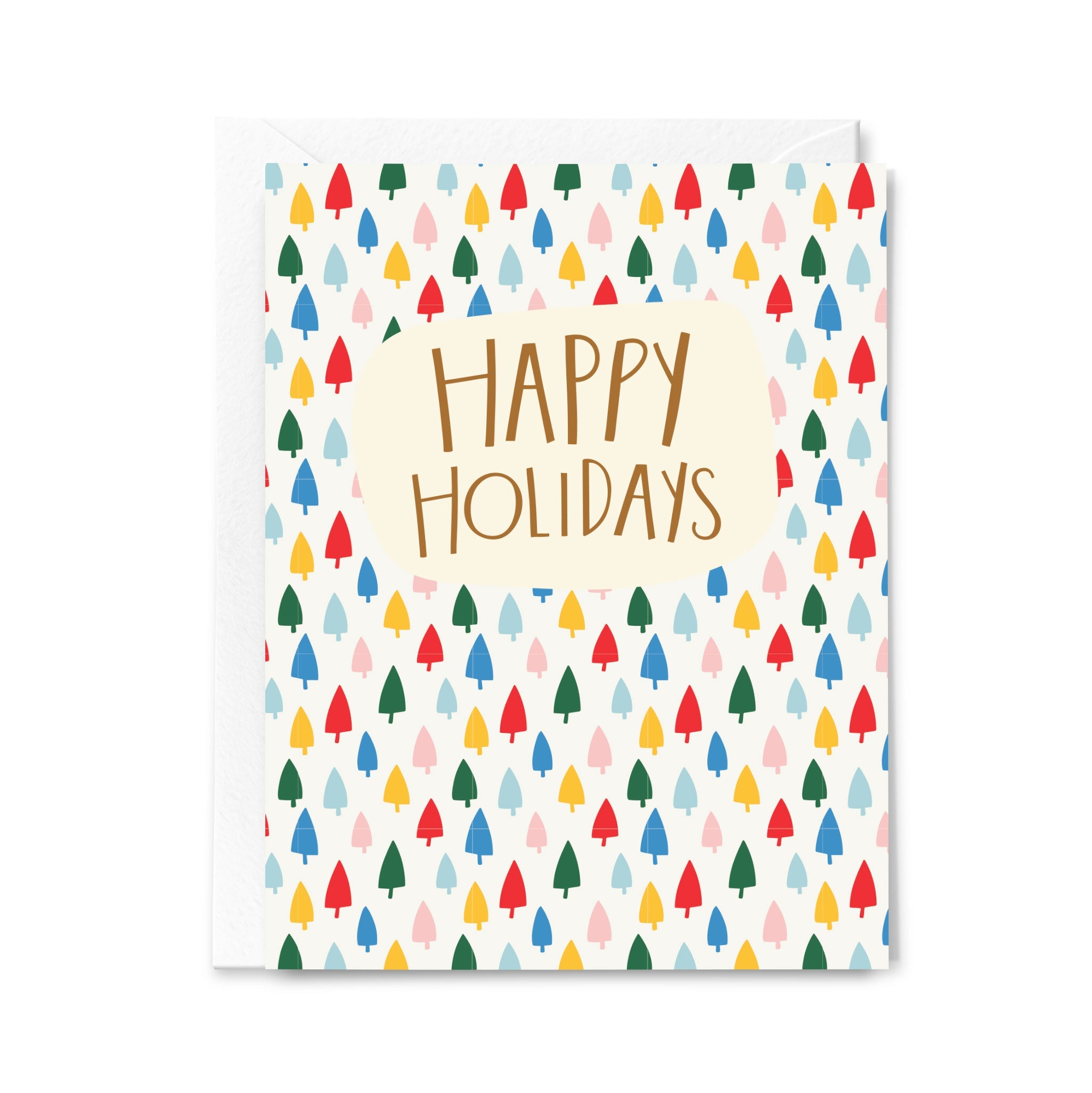 Greeting card with colorful tree pattern and 'Happy Holidays' text on a white background