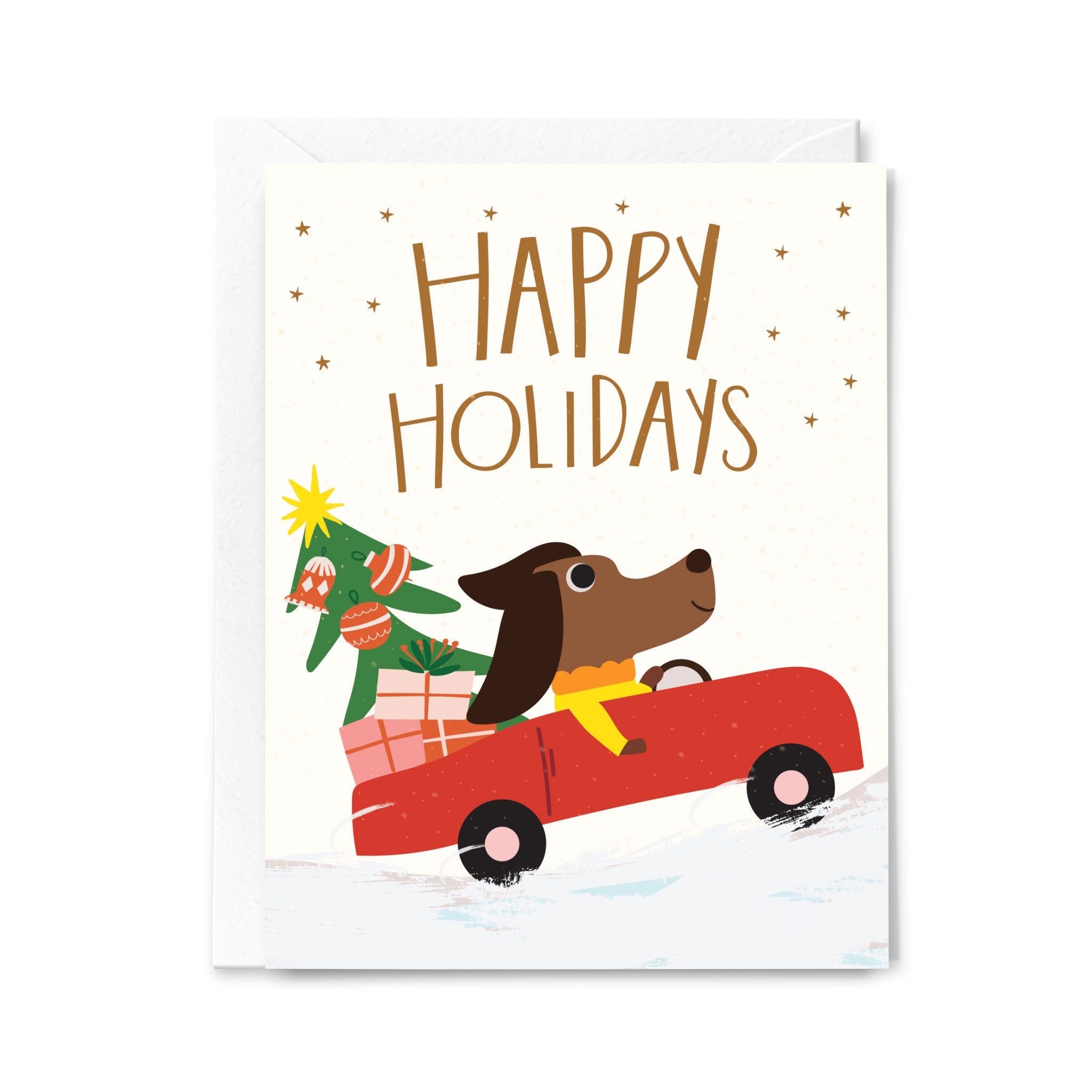 Greeting card with a dog driving a red car carrying a Christmas tree and presents, with 'Happy Holidays' text.