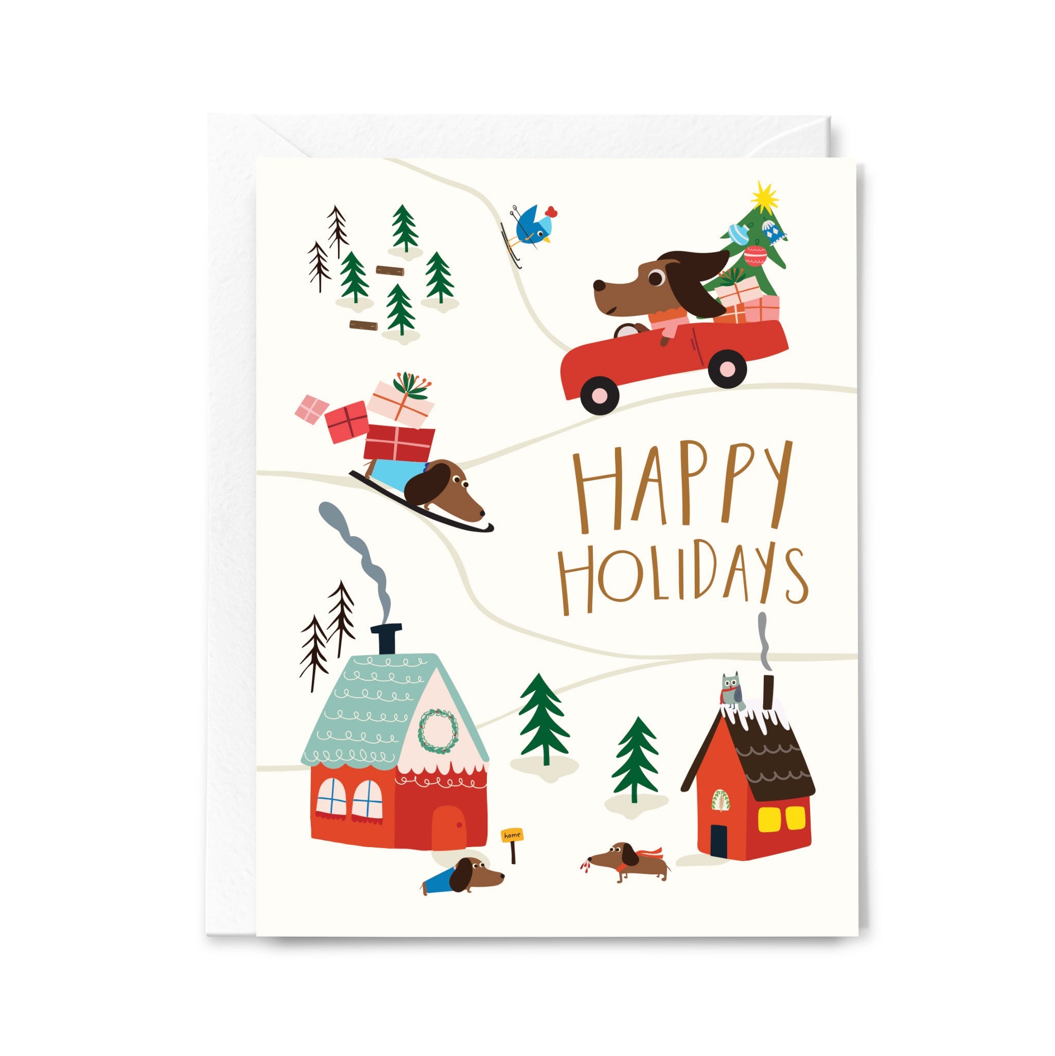 Holiday card with dogs, houses, and 'Happy Holidays' text on a white background