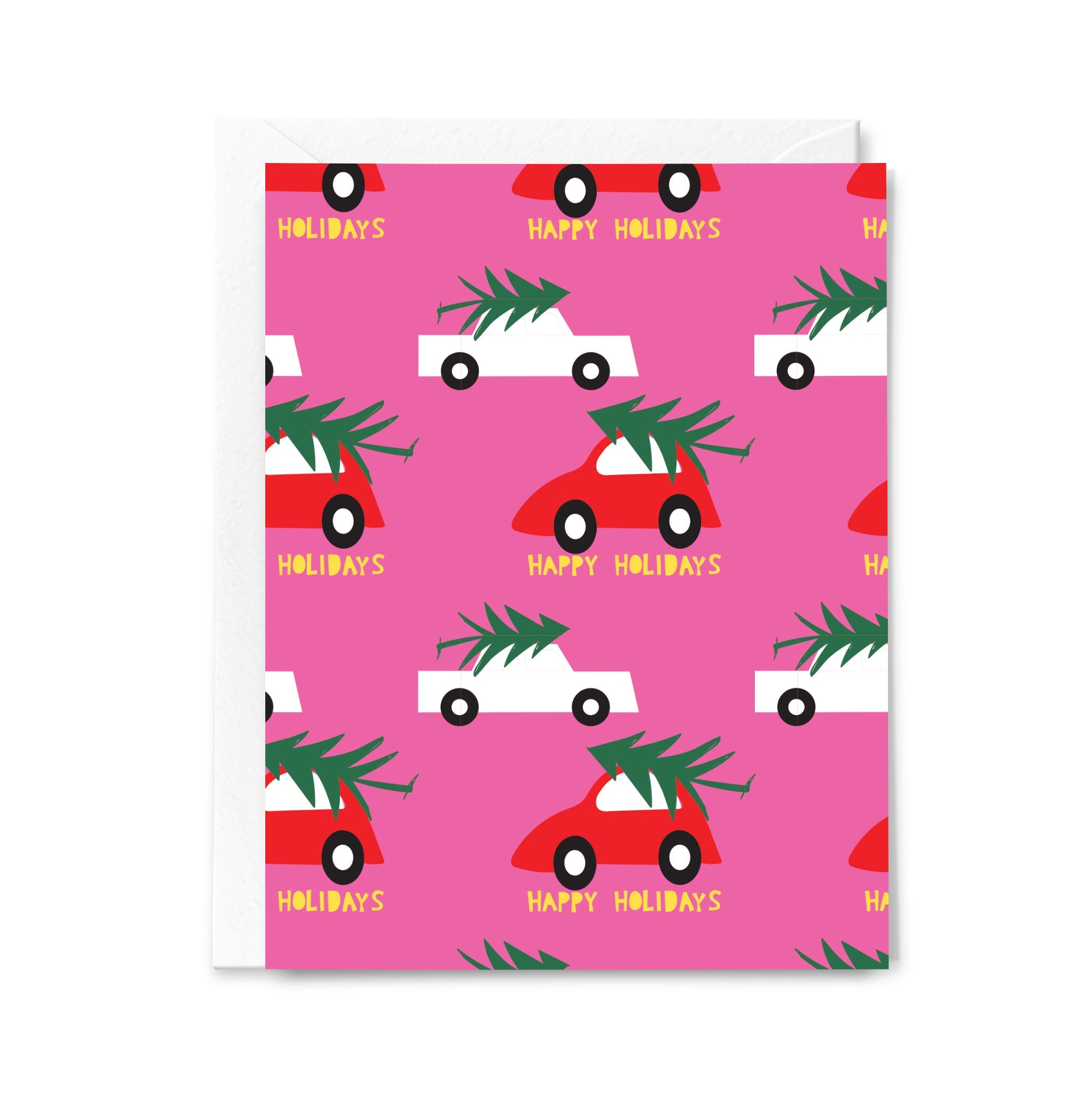 Greeting card with red cars carrying Christmas trees on a pink background