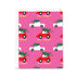 Greeting card with red cars carrying Christmas trees on a pink background