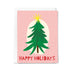 Greeting card with a green Christmas tree and 'Happy Holidays' text on a pink background