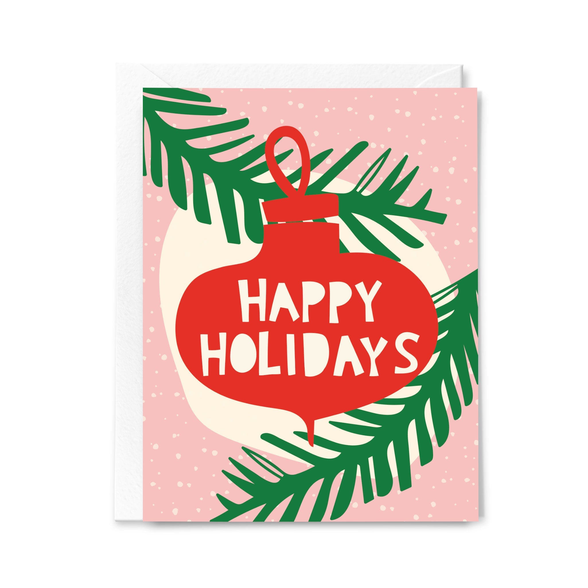 Greeting card with red ornament and 'Happy Holidays' text on a pink background with green leaves.