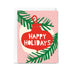 Greeting card with red ornament and 'Happy Holidays' text on a pink background with green leaves.
