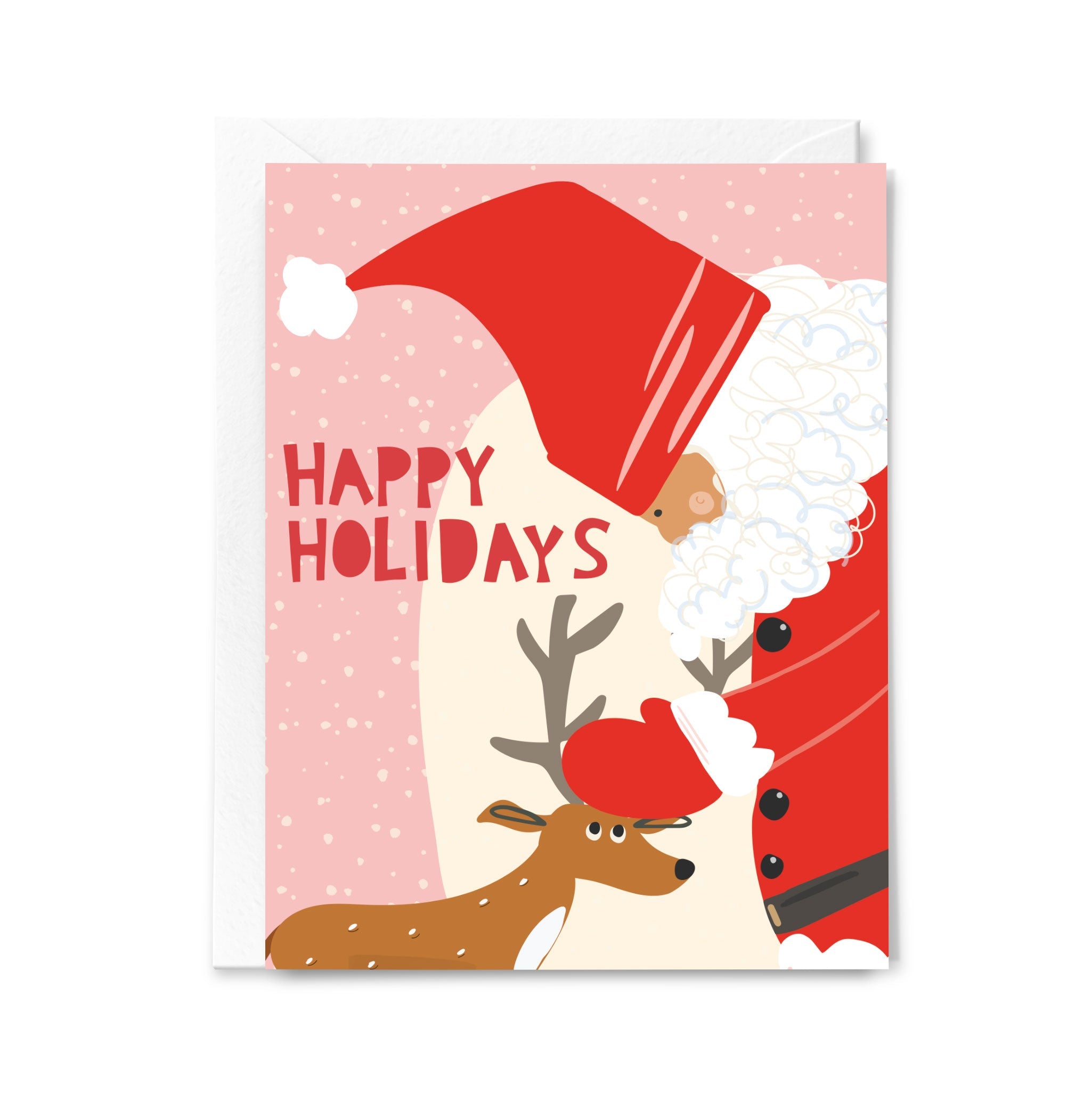 Greeting card with a reindeer and Santa and 'Happy Holidays' text on a pink background.
