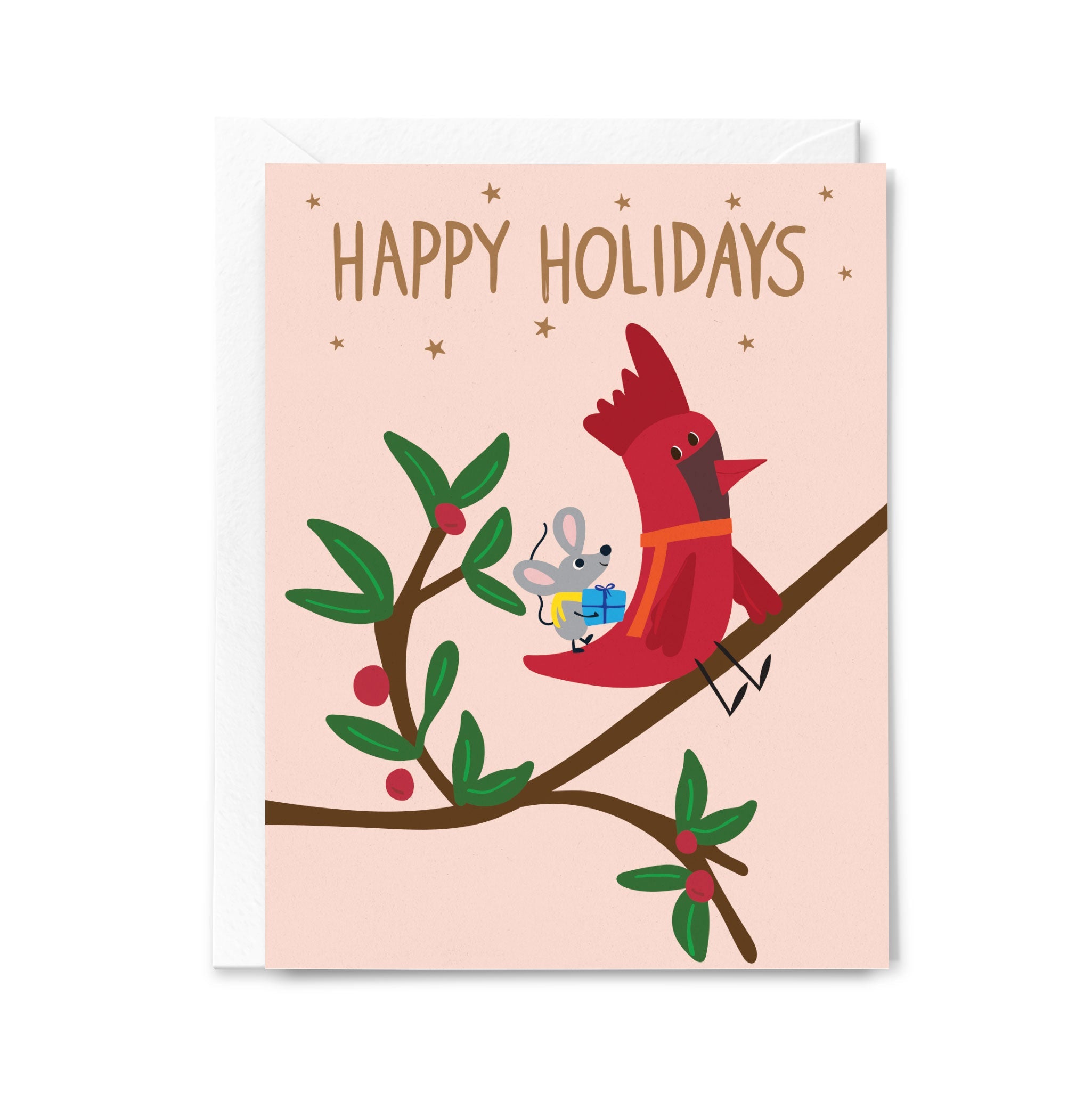 Holiday card with a cardinal and mouse on a branch, featuring 'Happy Holidays' text.