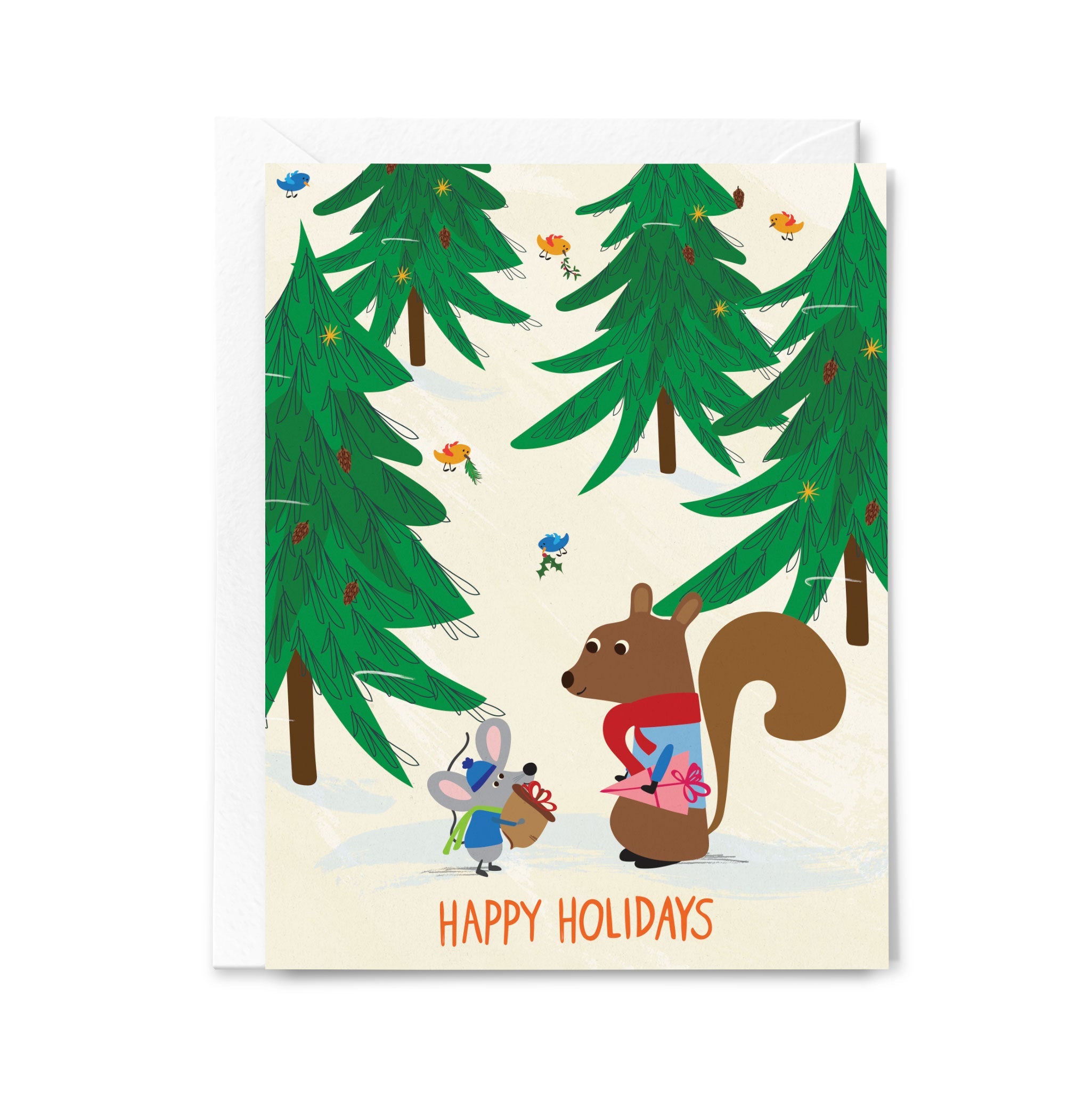 Greeting card with cartoon squirrel and mouse in a forest, surrounded by trees and 'Happy Holidays' text.