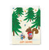 Greeting card with cartoon squirrel and mouse in a forest, surrounded by trees and 'Happy Holidays' text.