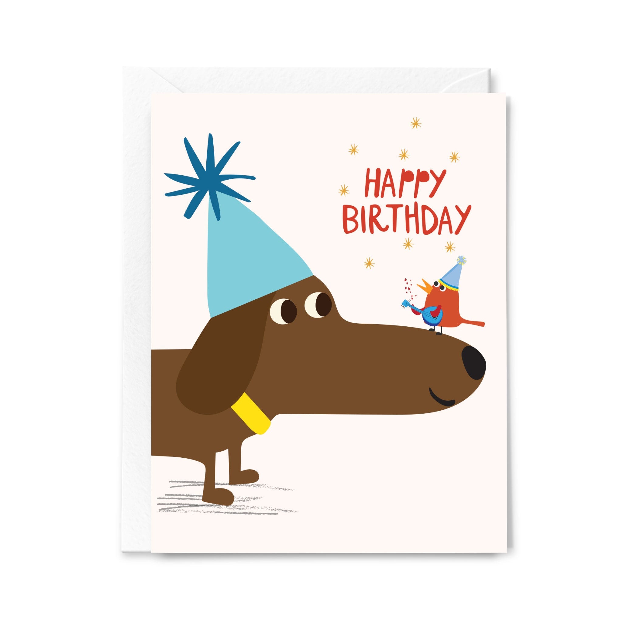 Birthday card with a cartoon dog and bird wearing party hats on a white background