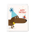Birthday card with a cartoon dog and bird wearing party hats on a white background