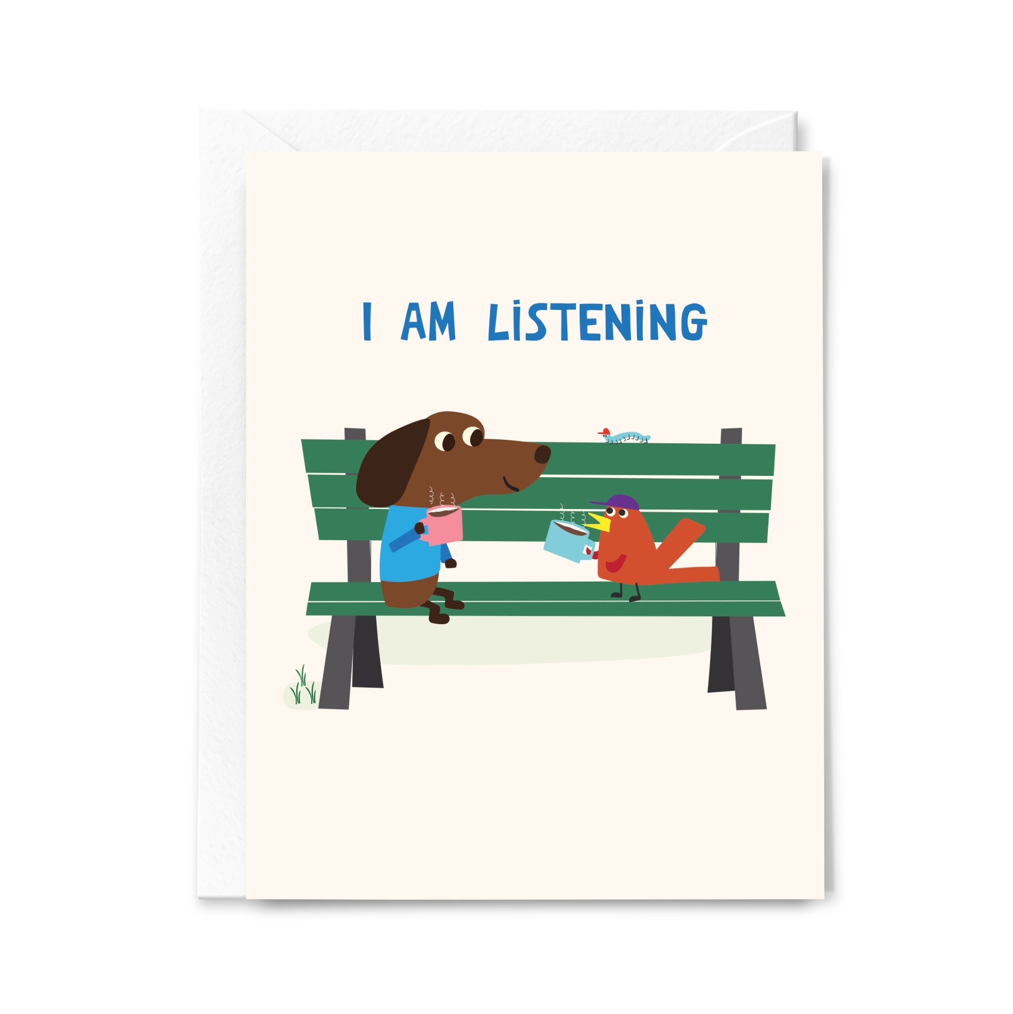 Greeting card with illustration of a dog and a bird on a bench with 'I AM LISTENING' text.