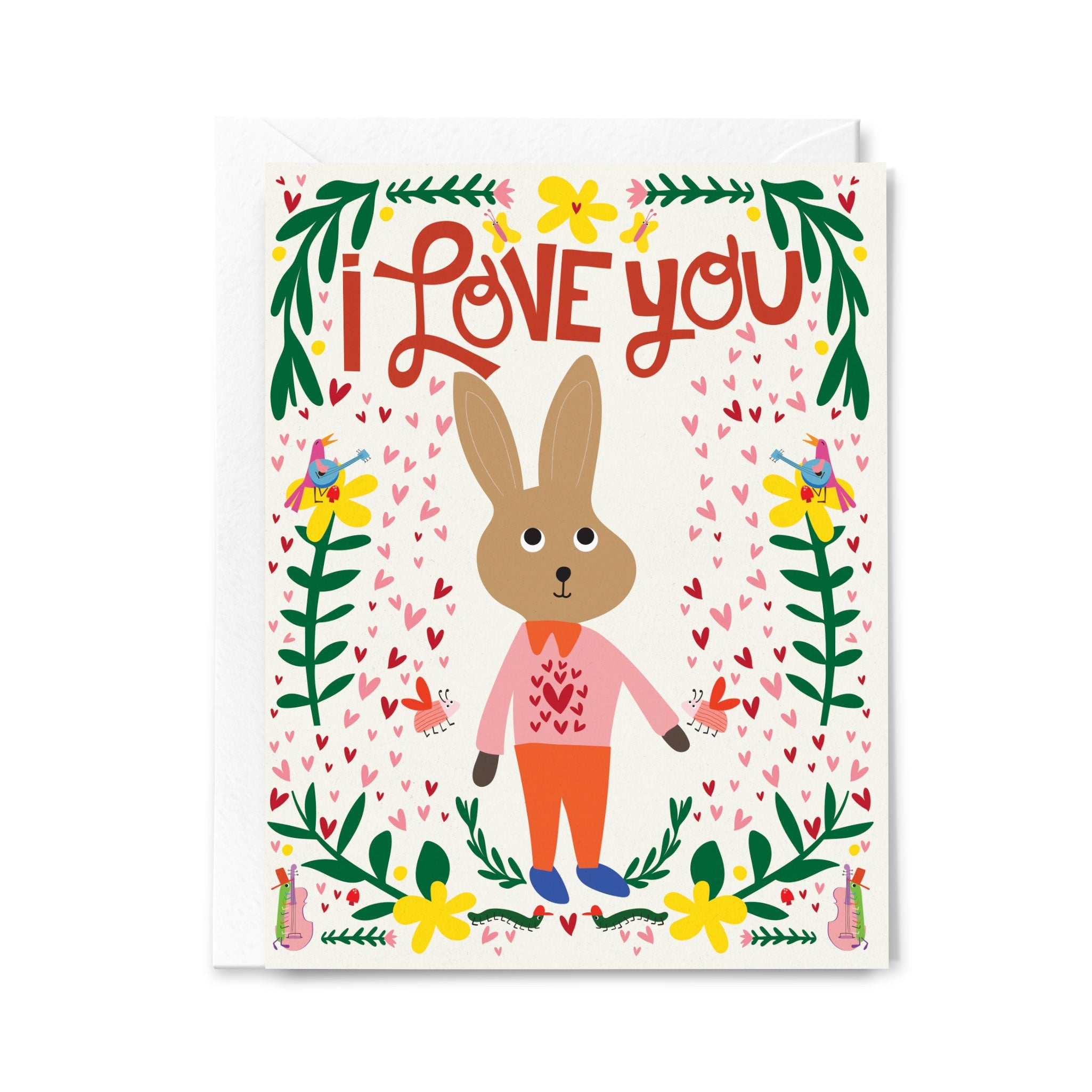 Card with a rabbit illustration and 'I love you' text on a white background