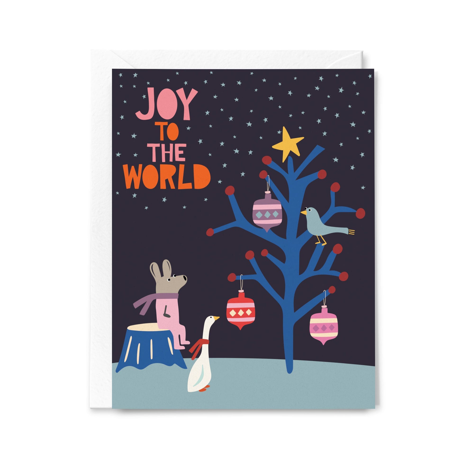 Christmas card with cartoon animals around a decorated tree and 'Joy to the World' text.