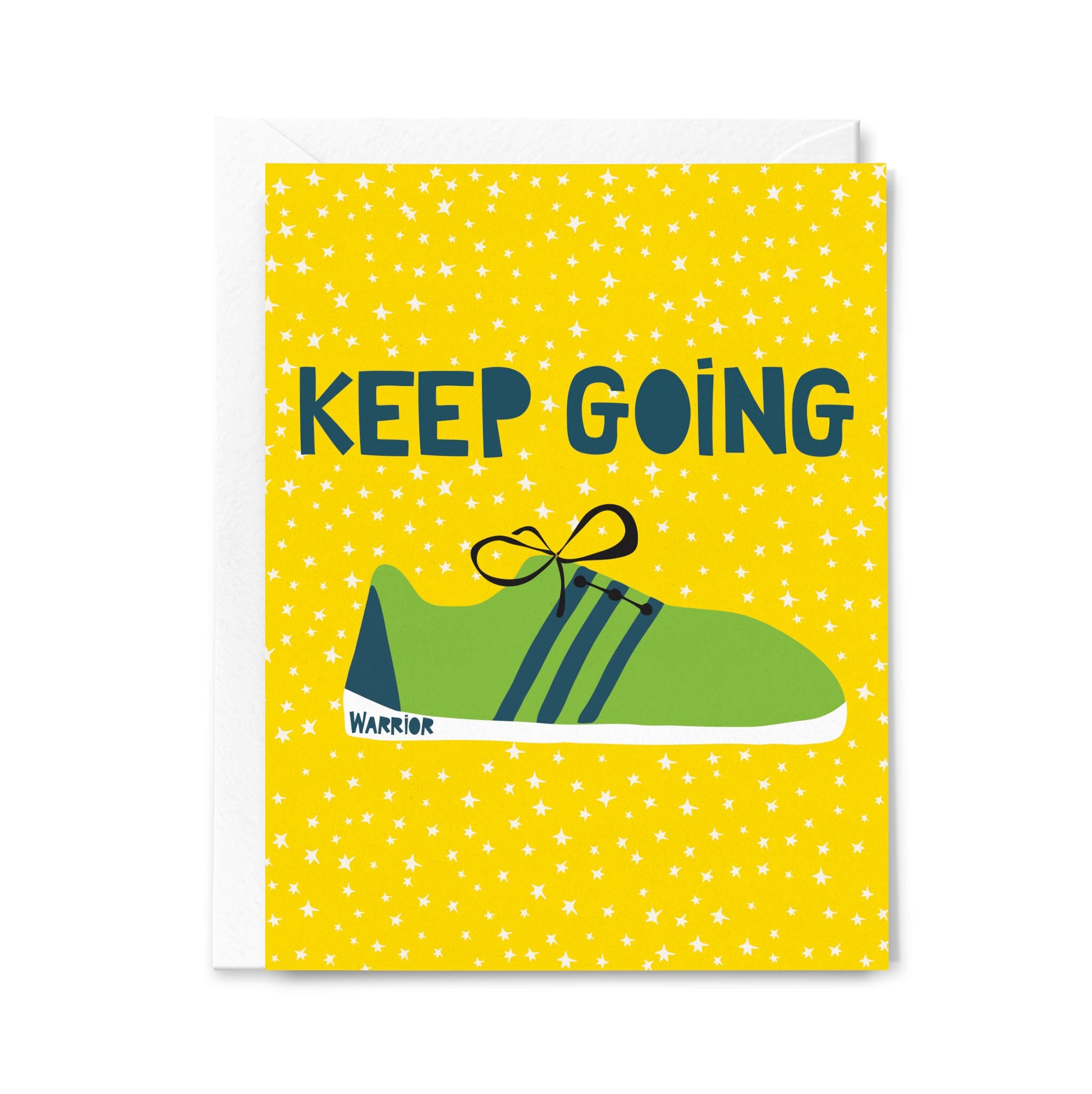 Motivational card with green shoe and 'KEEP GOING' text on a yellow background