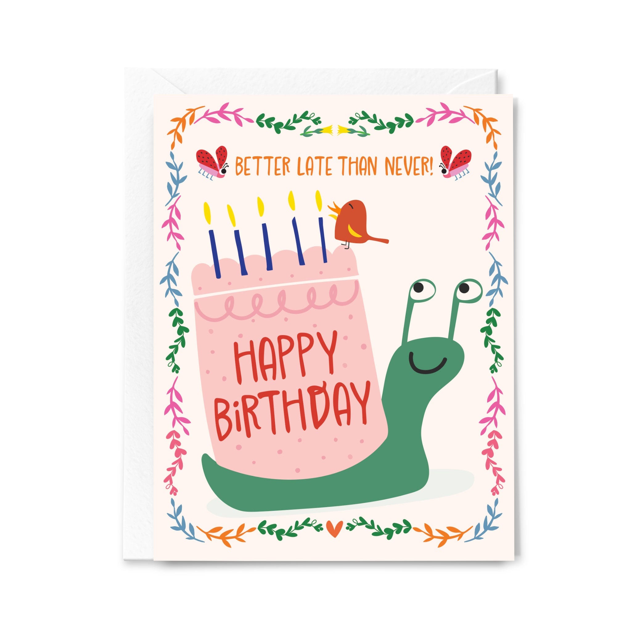 Birthday card with a snail and cake illustration on a white background