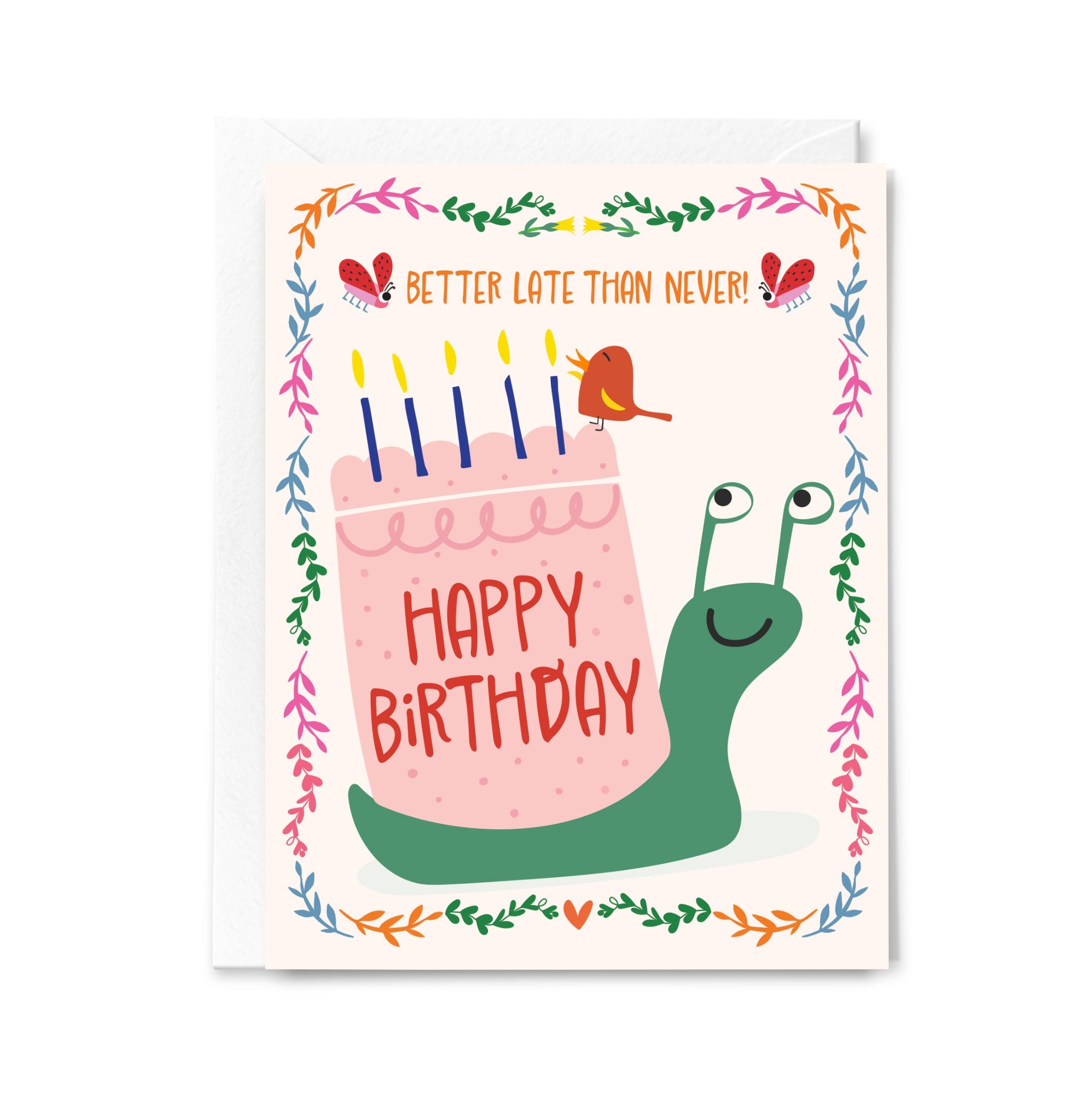 Birthday card with a snail and cake illustration on a white background