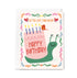 Birthday card with a snail and cake illustration on a white background