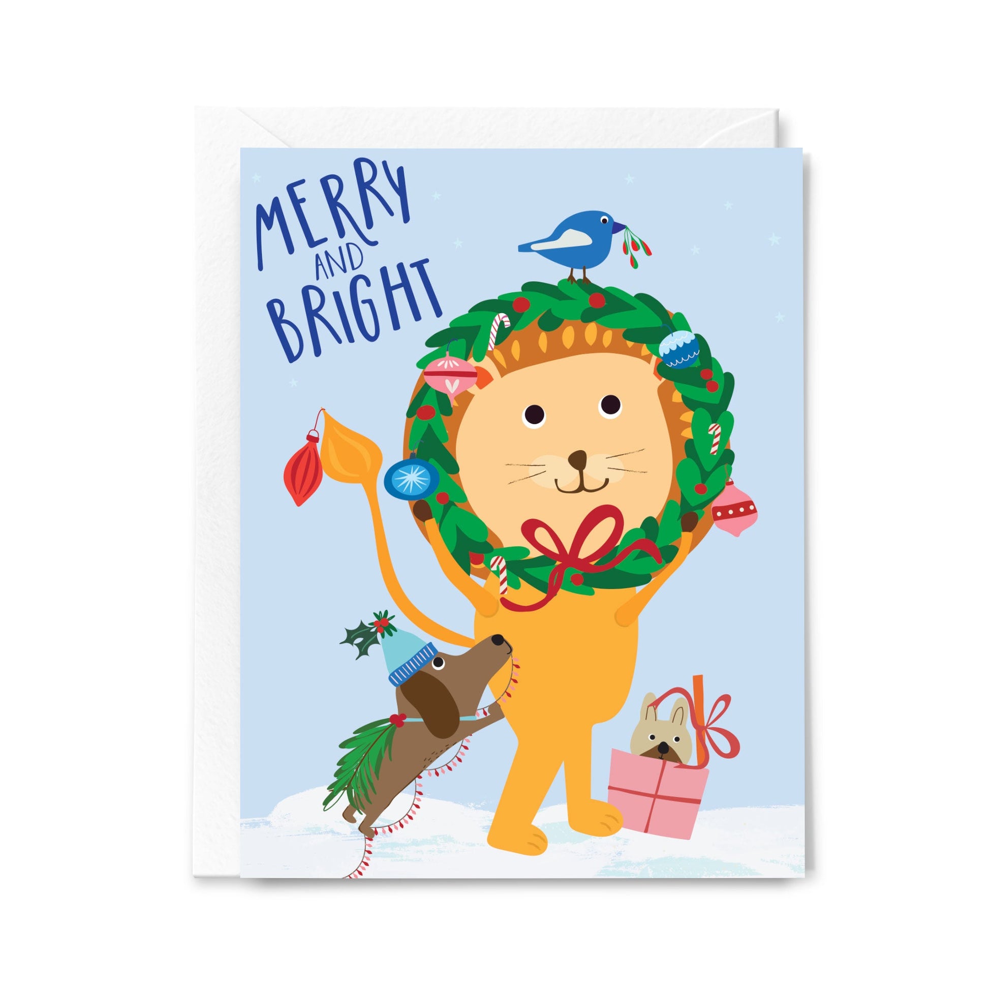 Christmas card with a lion wearing a wreath and two dogs, featuring 'Merry and Bright' text.